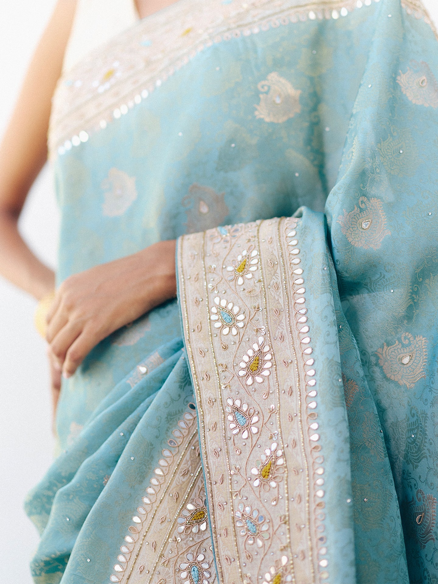 Sky Blue Dola Silk Saree with Dabka, Mirror, and Cutdana Detailing