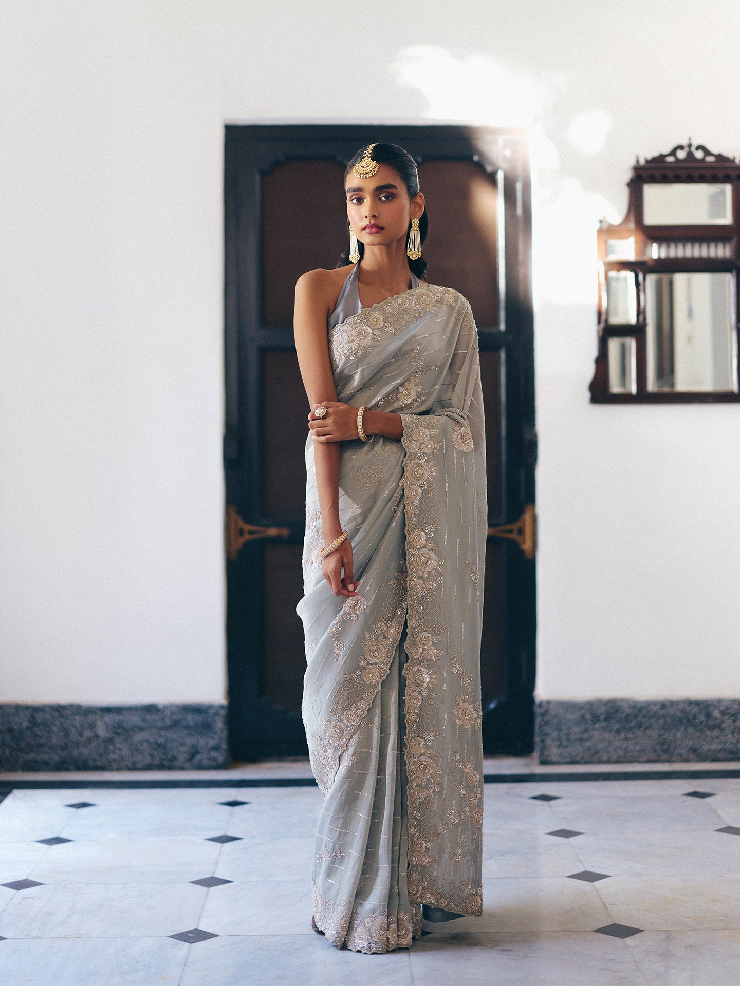 Grey Tissue Silk Saree with Intricate Dabka, Cutdana, Sequins, and Zarkan Work