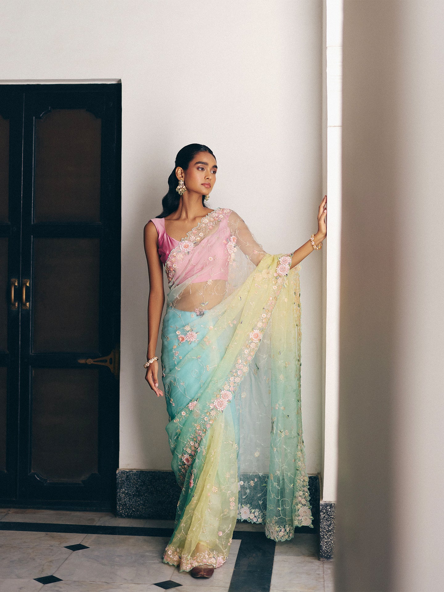 Green Organza Saree with Cutdana, Sequins, and Pearl Detailing