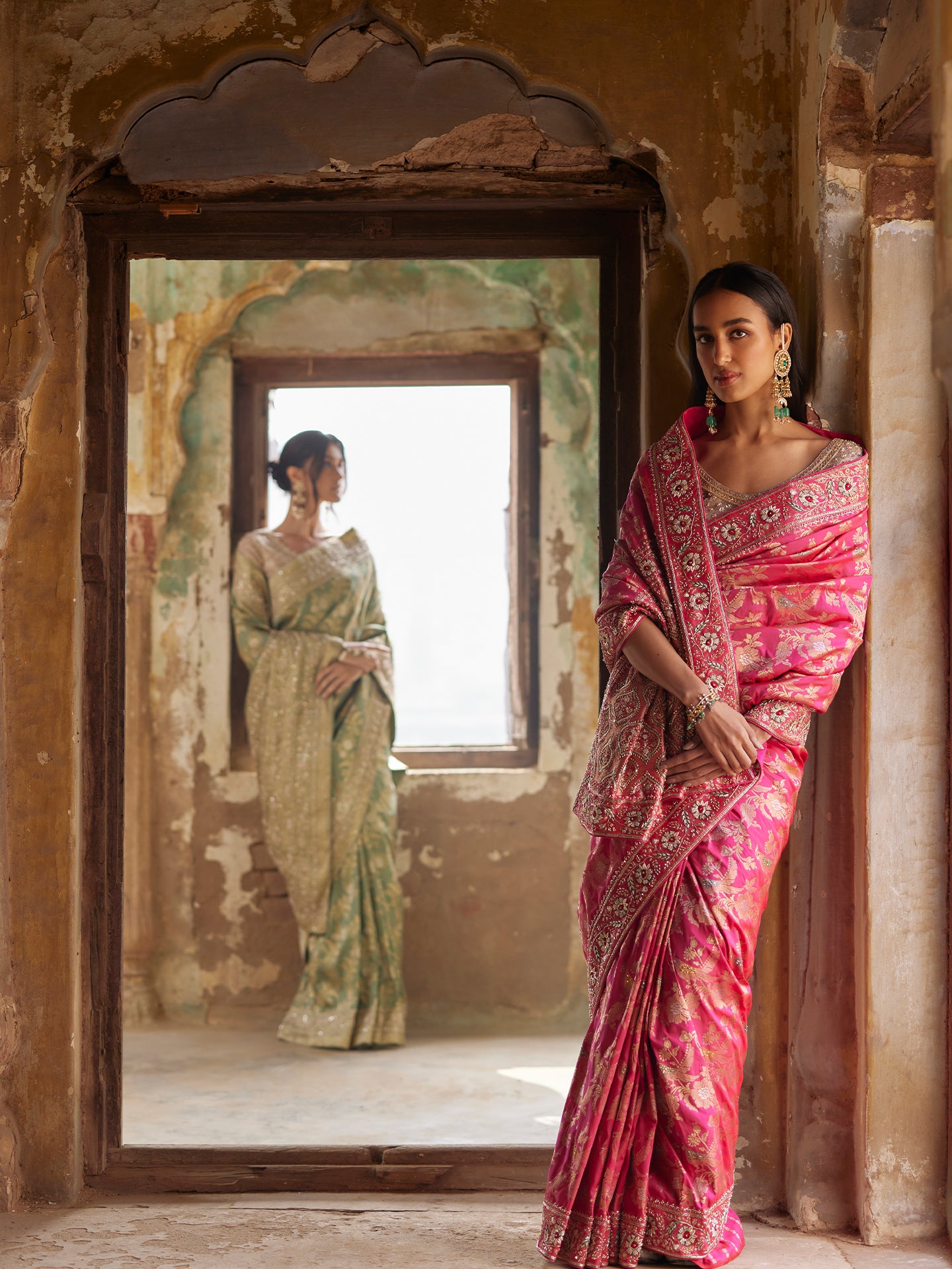 Mazanta Pink Saree in Banarsi Silk with Dabka & Sequence Work embroidery
