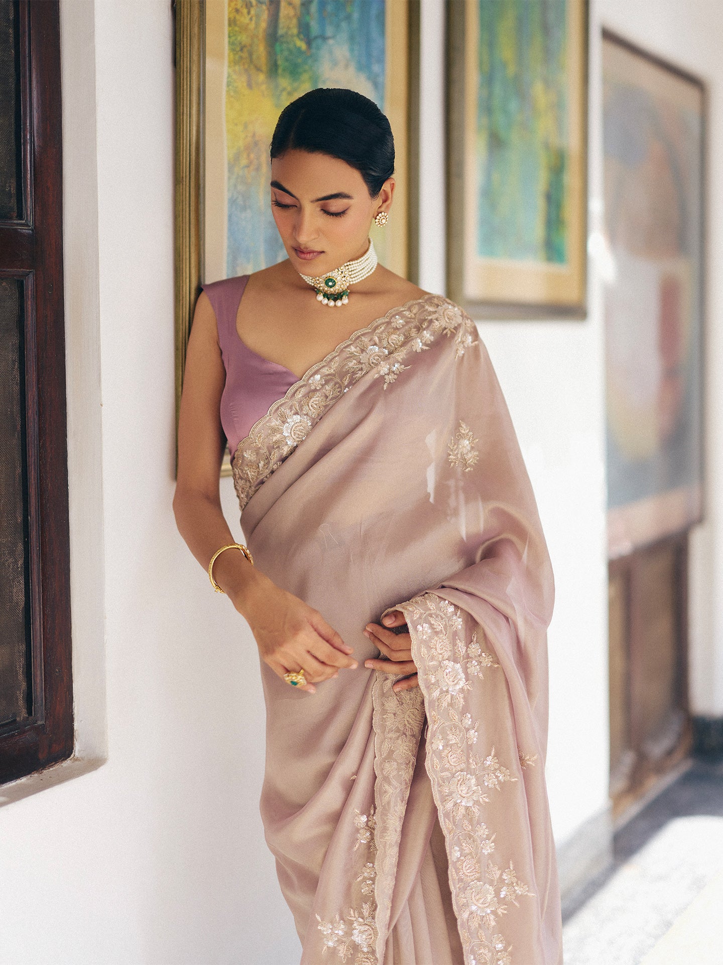 Light Mauve Tissue Saree with Dabka, Sequins, and Cutdana Work