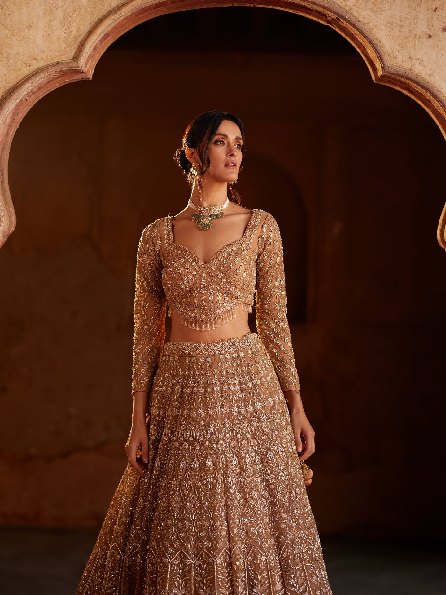 Brownish copper Lehenga in net with Katdana, Outing Dabka, and Pears full Hand Work embroidery