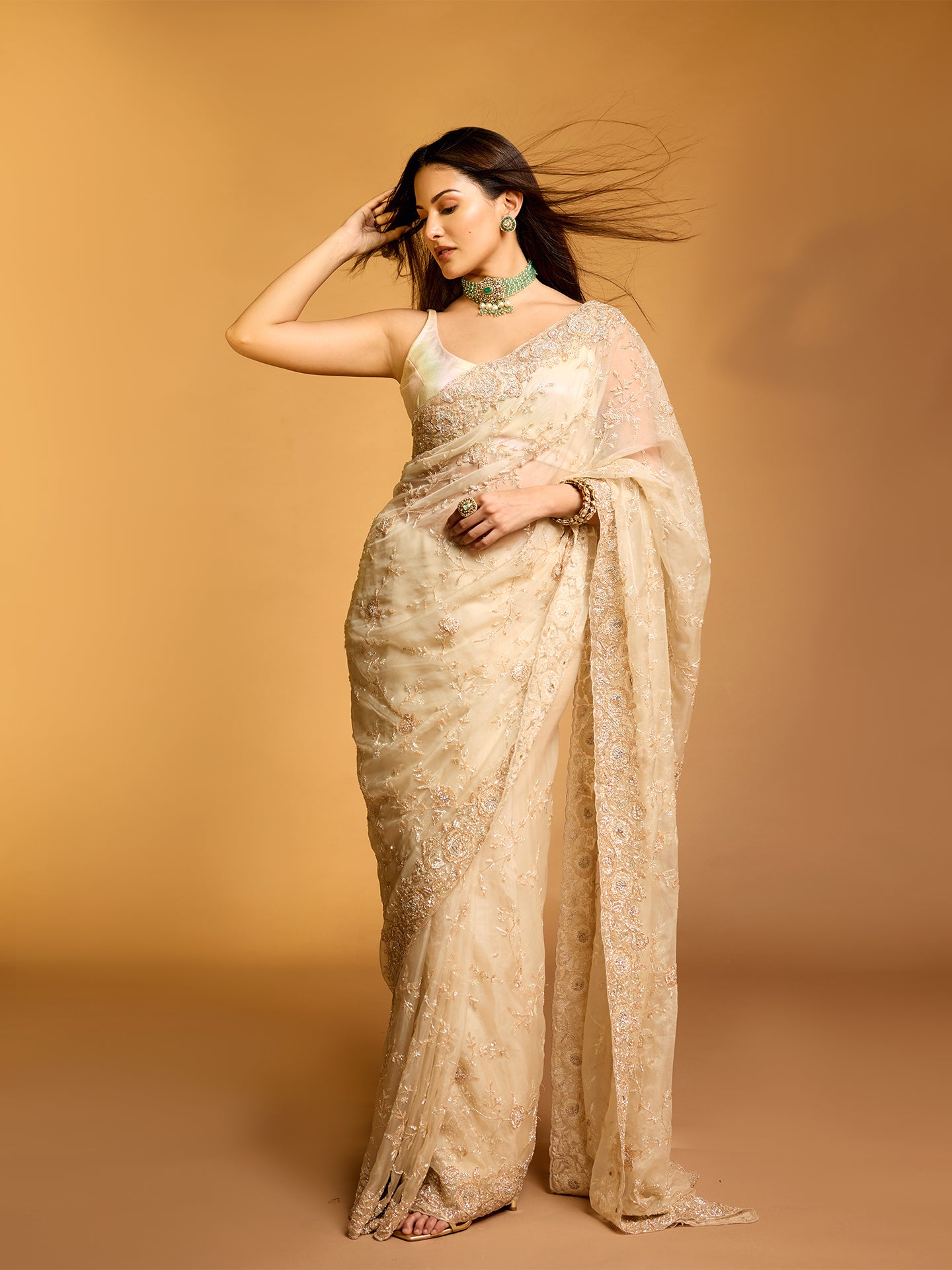 Beige Organza Saree with Dabka, Resham, and Sequin Work