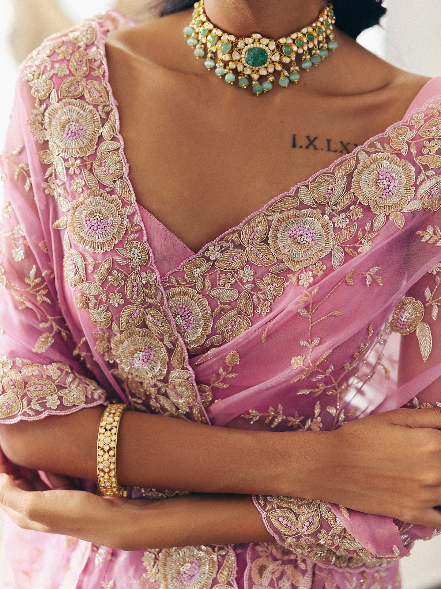 Mauve Organza Saree with Dabka, Resham, Cutdana, and Sequin Work