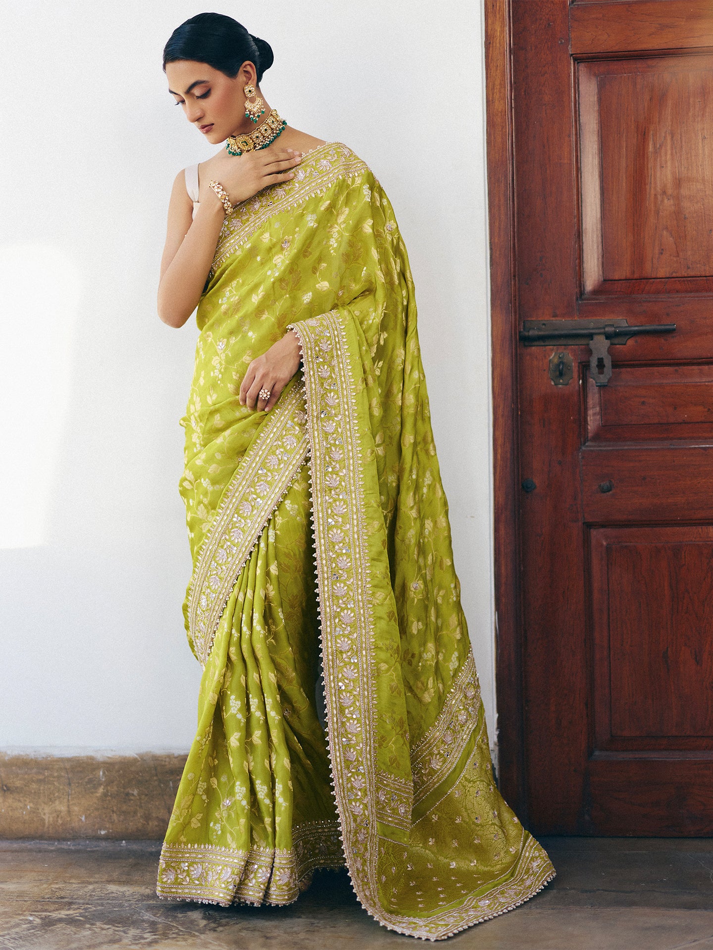 Neon Green Dola Silk Saree with Dabka, Gotta, Mirror, Sequins, and Pearl Work