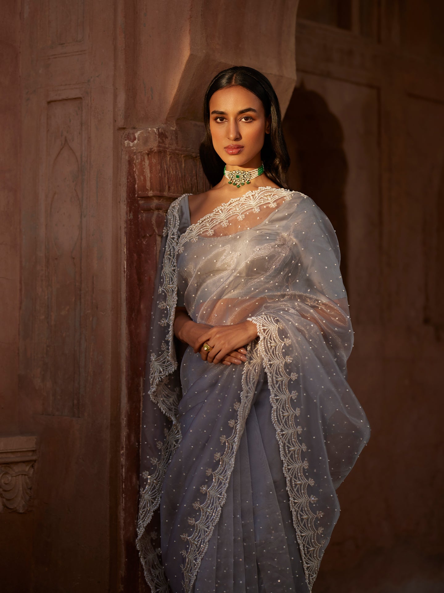 Grey Saree in Pure Tissue Silk With Pearls & Cutwork Border