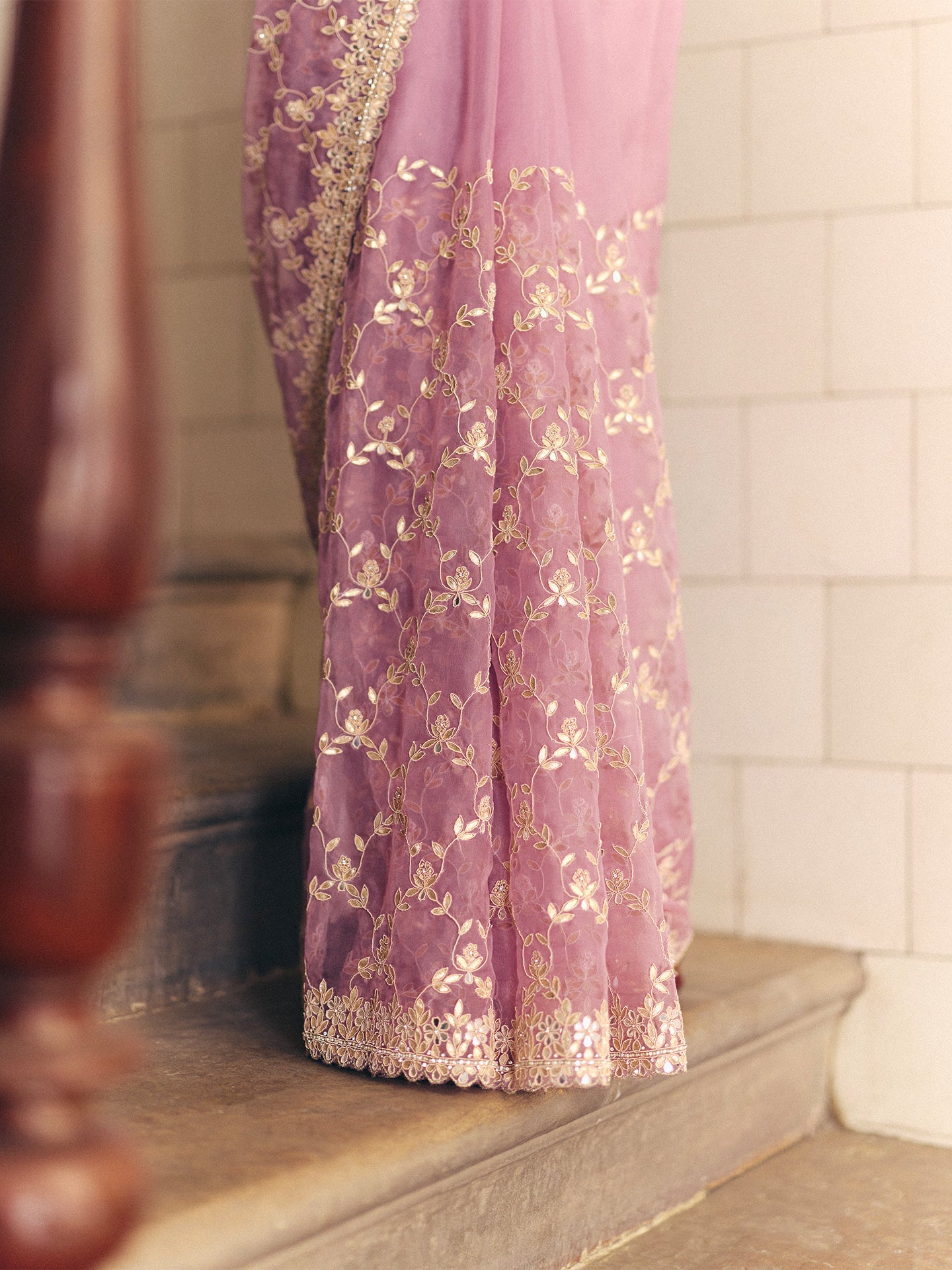 Onion Pink Organza Saree with Dabka Gotta Mirror and Pearl Detailing