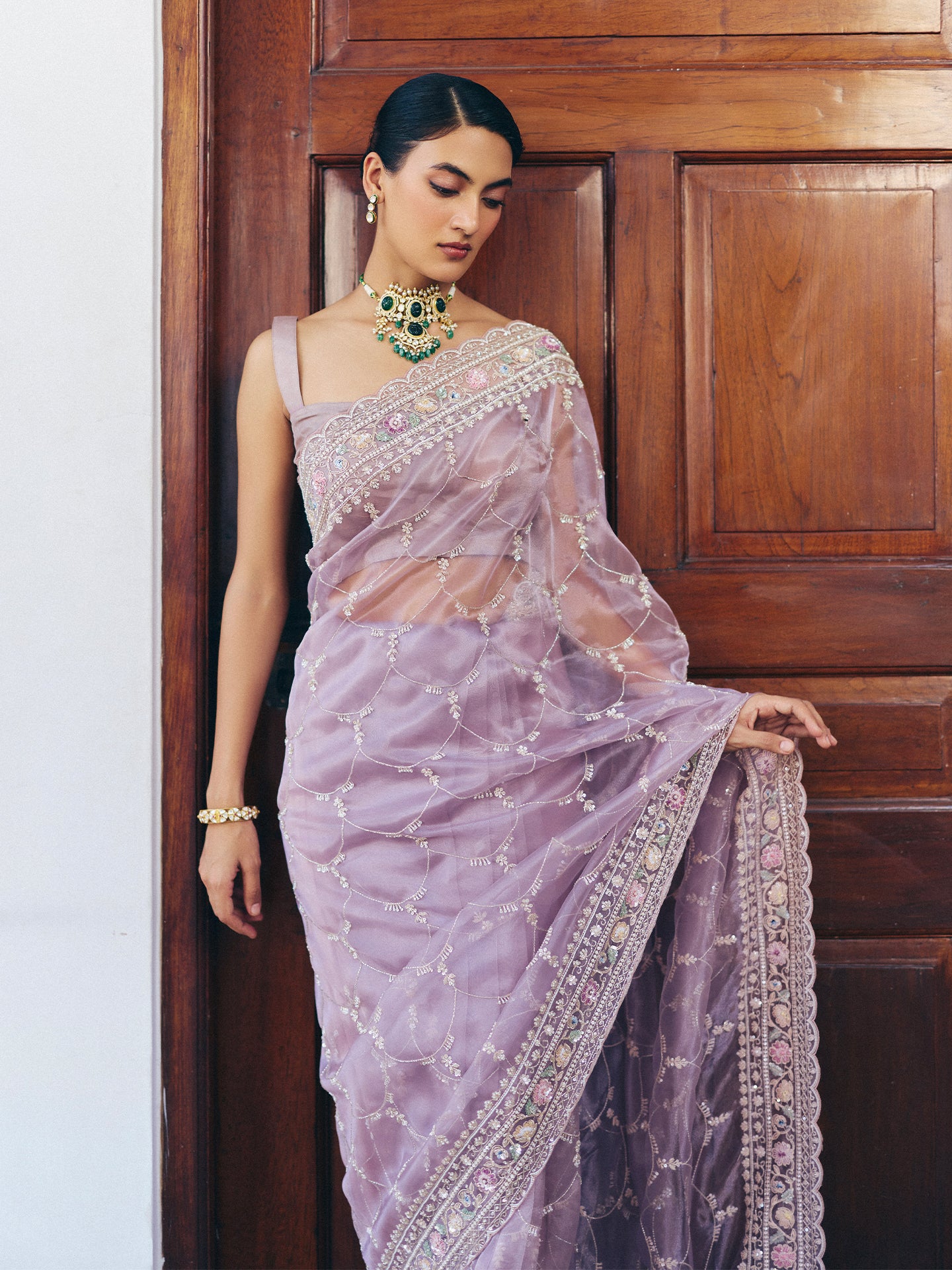 Light Mauve Organza Saree with Sequence, Cutdana, and Pearl Work