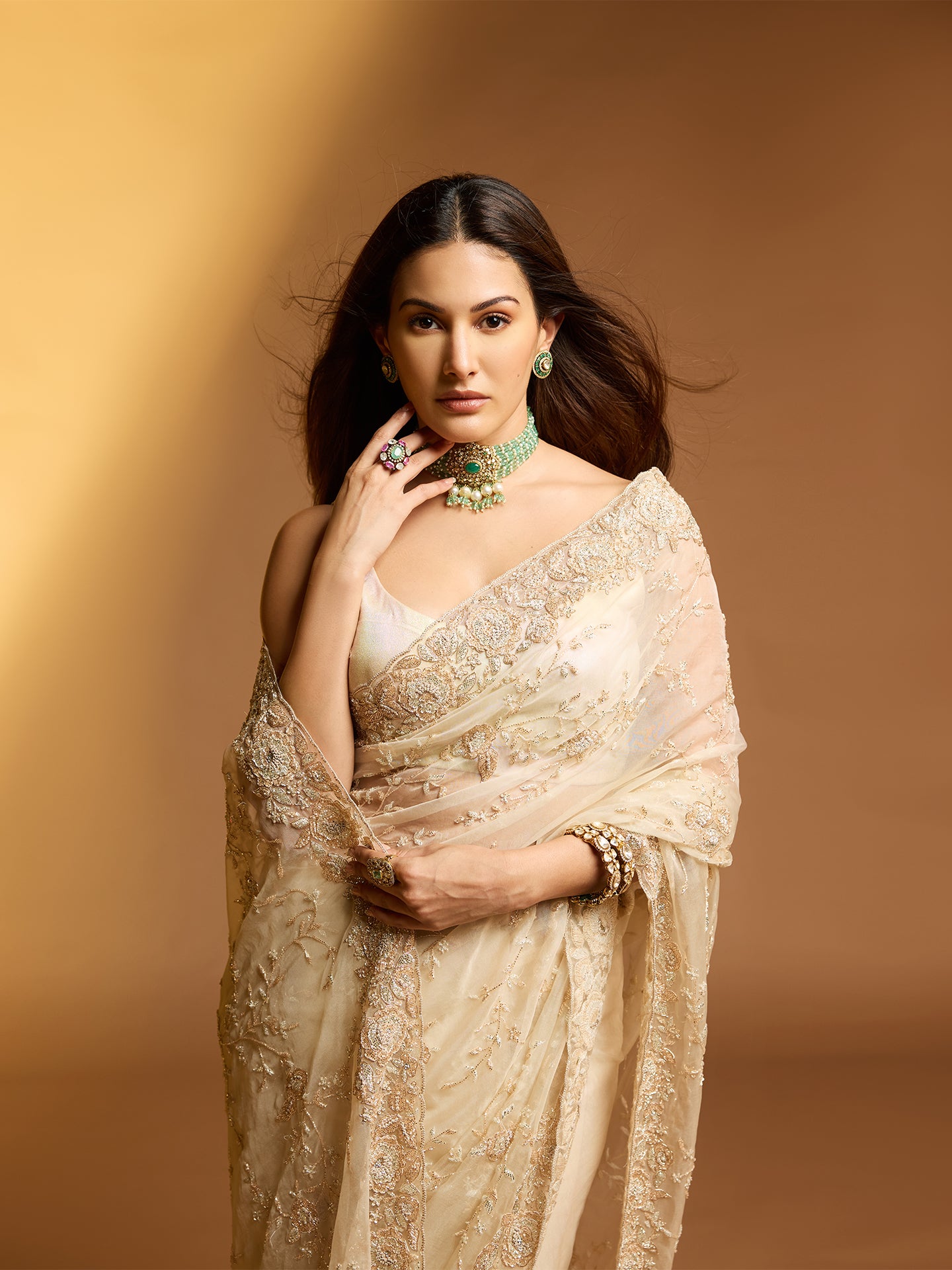 Beige Organza Saree with Dabka, Resham, and Sequin Work