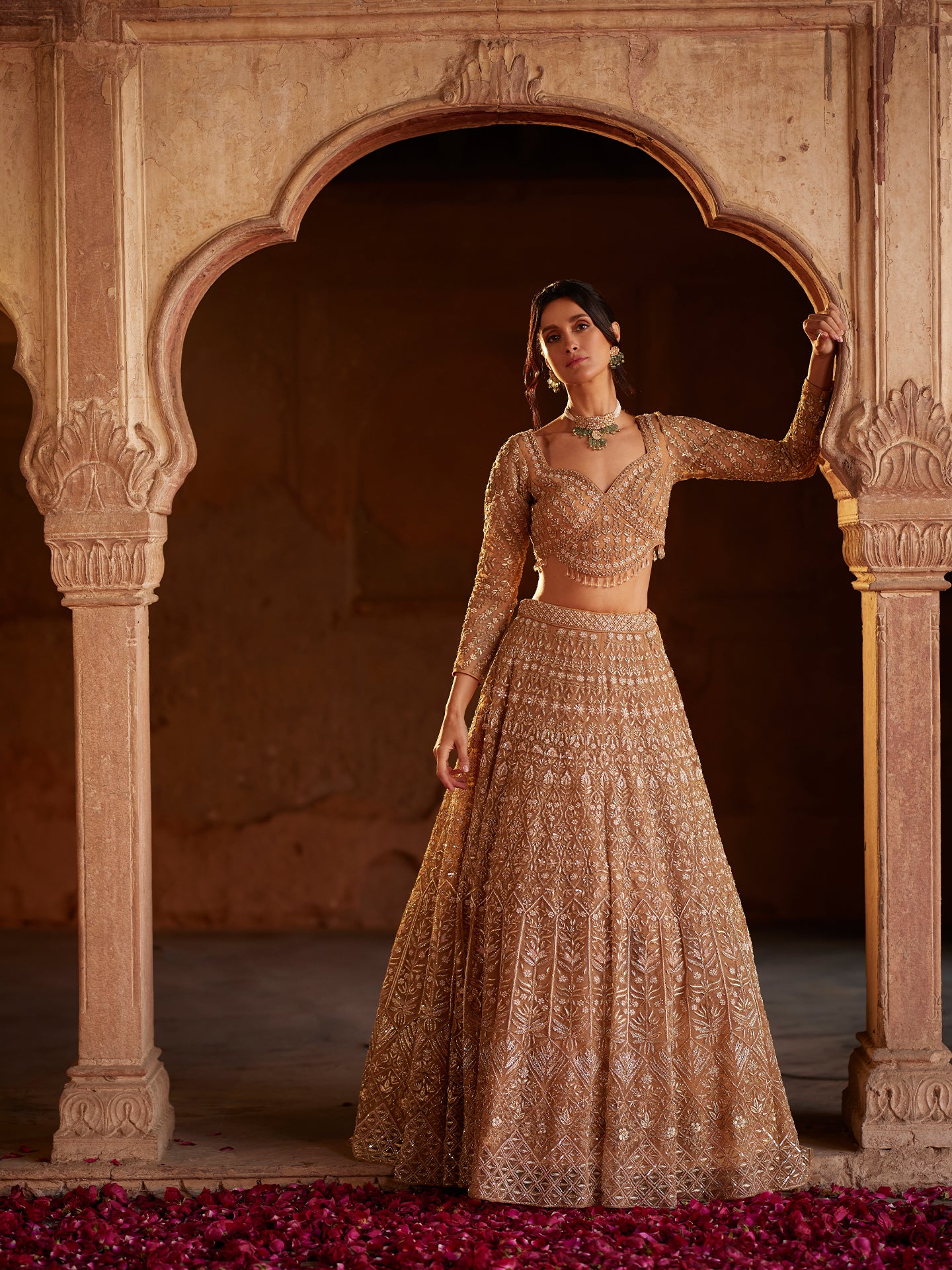 Brownish copper Lehenga in net with Katdana, Outing Dabka, and Pears full Hand Work embroidery