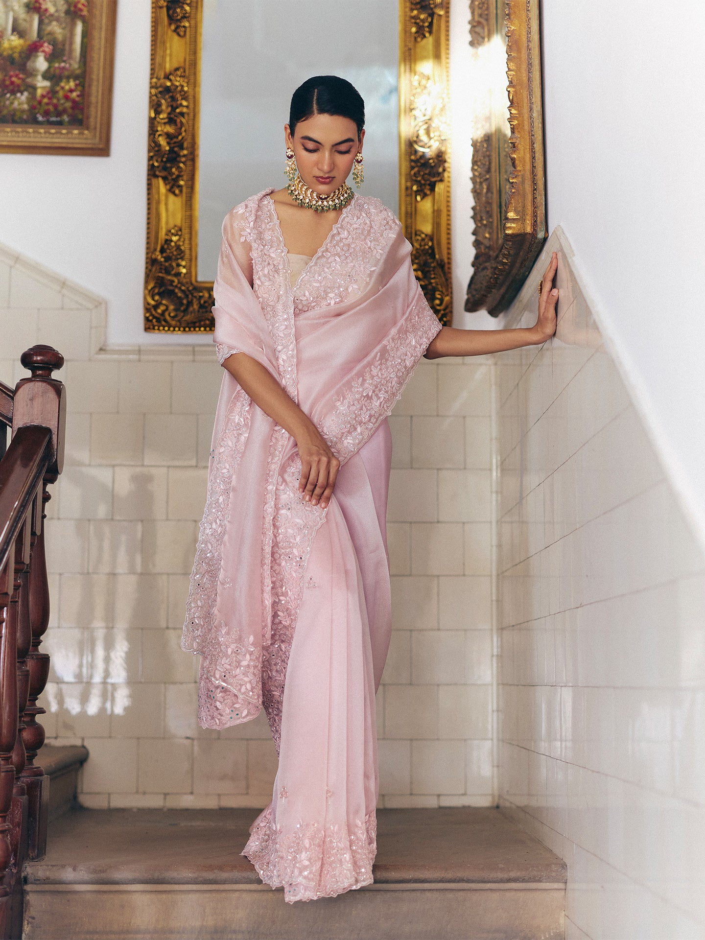 Pink Tissue Saree with Cutdana Pearl Dabka, and Sequin Work