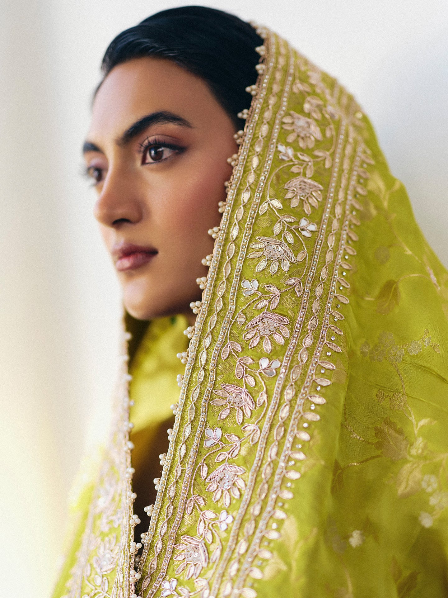 Neon Green Dola Silk Saree with Dabka, Gotta, Mirror, Sequins, and Pearl Work