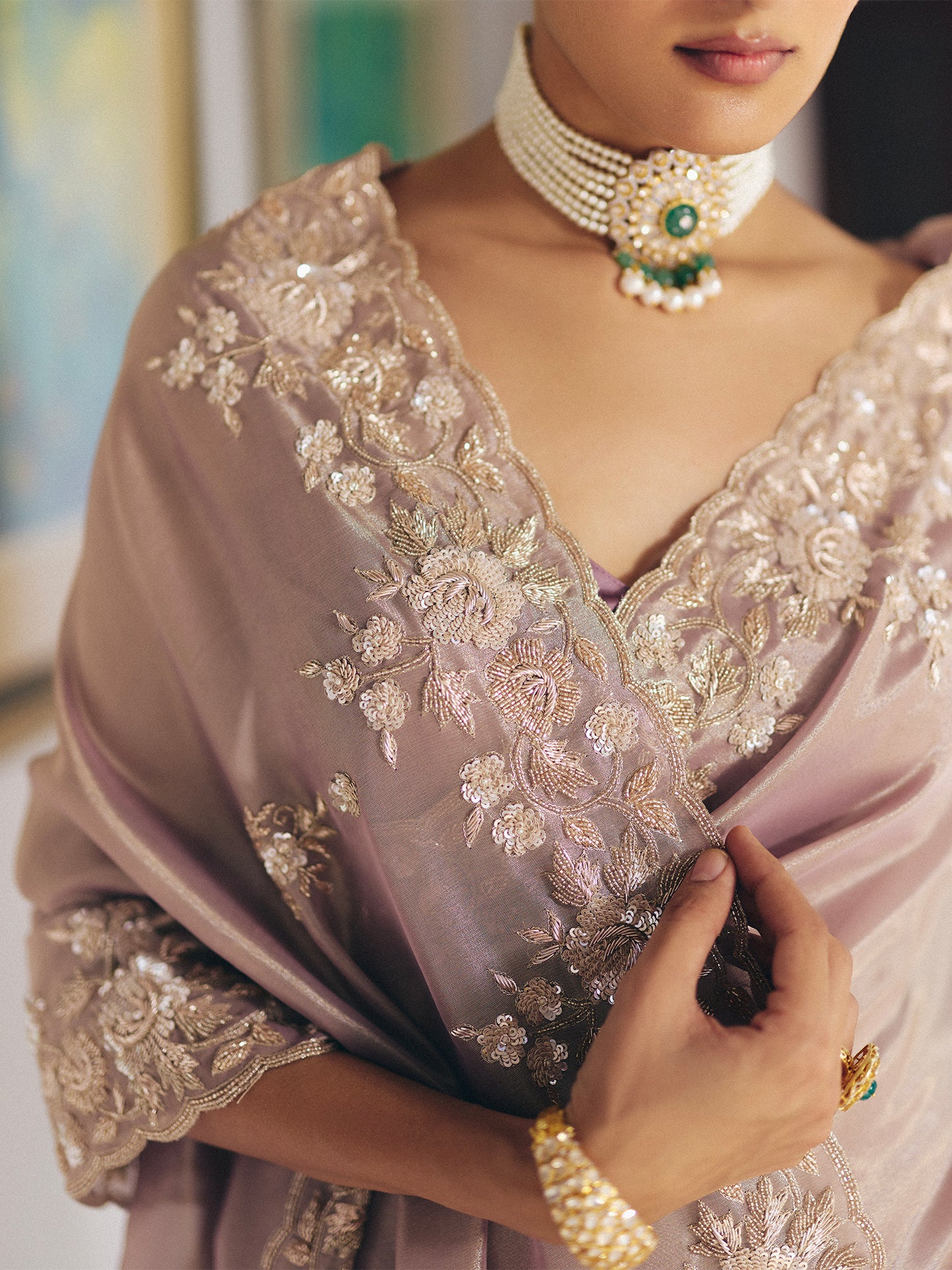 Light Mauve Tissue Saree with Dabka, Sequins, and Cutdana Work