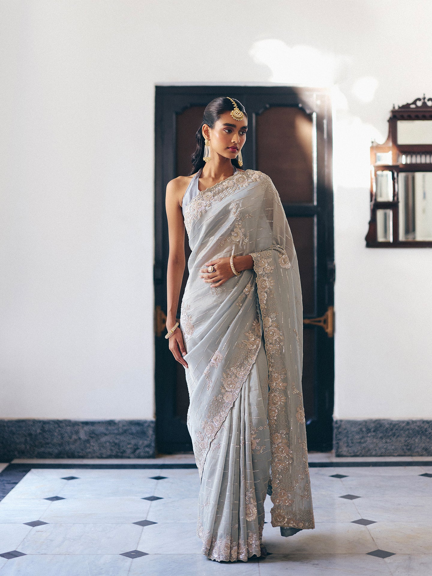 Grey Tissue Silk Saree with Intricate Dabka, Cutdana, Sequins, and Zarkan Work