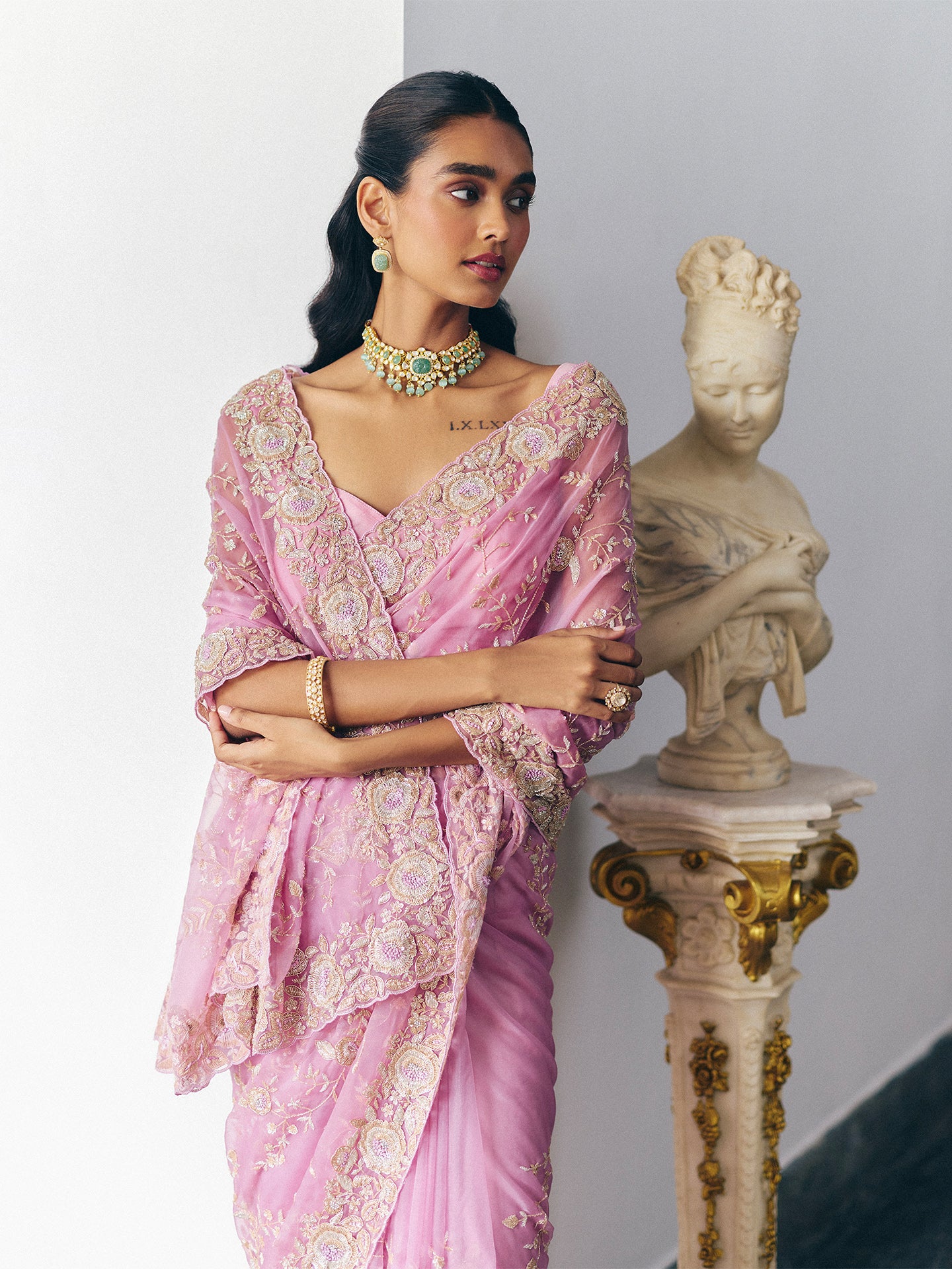 Mauve Organza Saree with Dabka, Resham, Cutdana, and Sequin Work