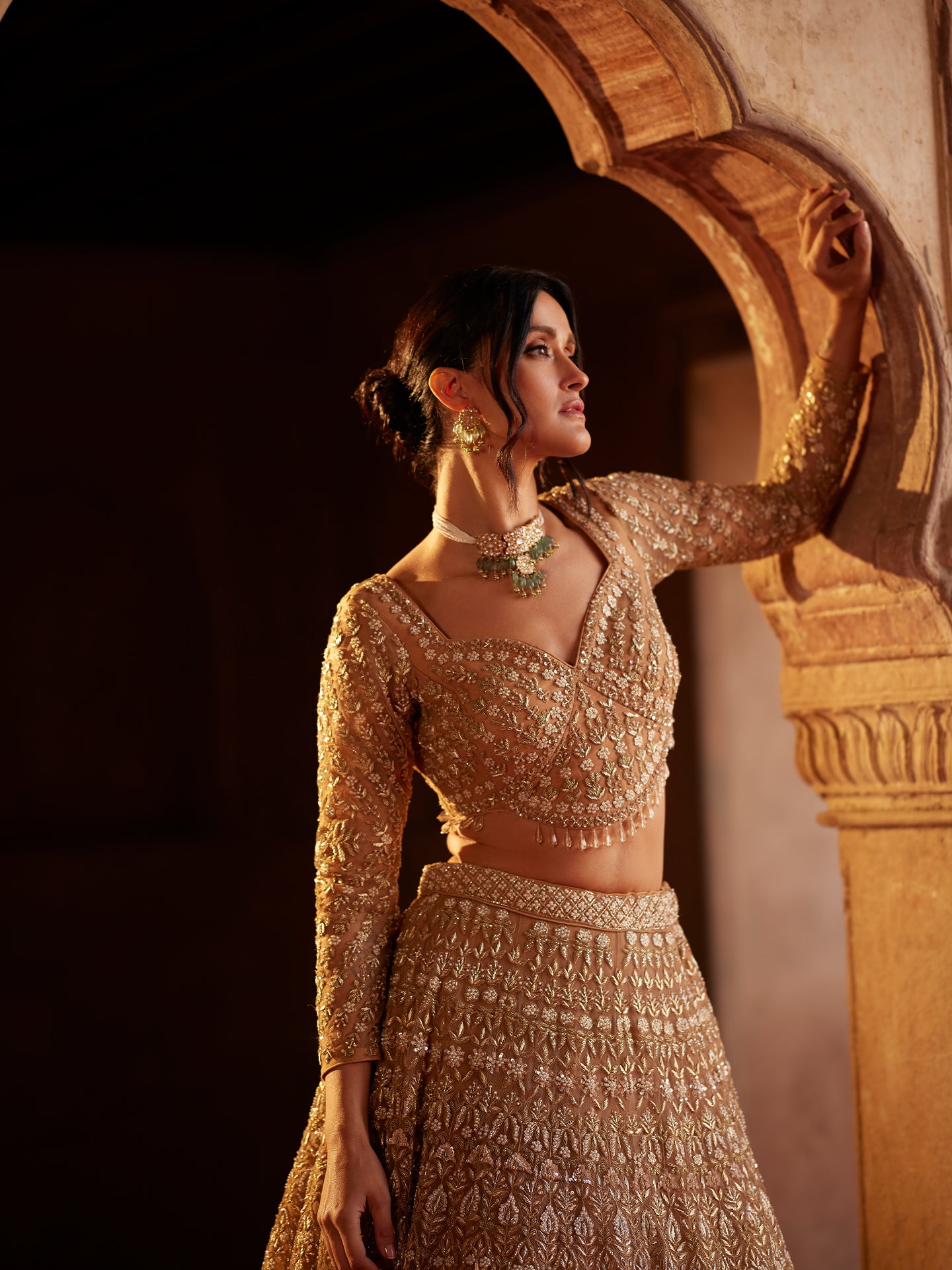 Brownish copper Lehenga in net with Katdana, Outing Dabka, and Pears full Hand Work embroidery