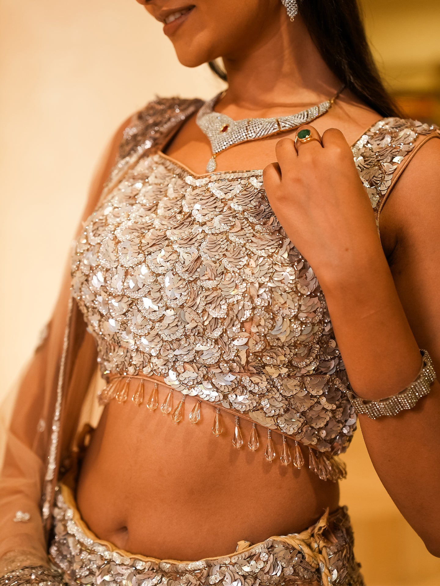 Draped in the elegance of this mesmerizing lehenga