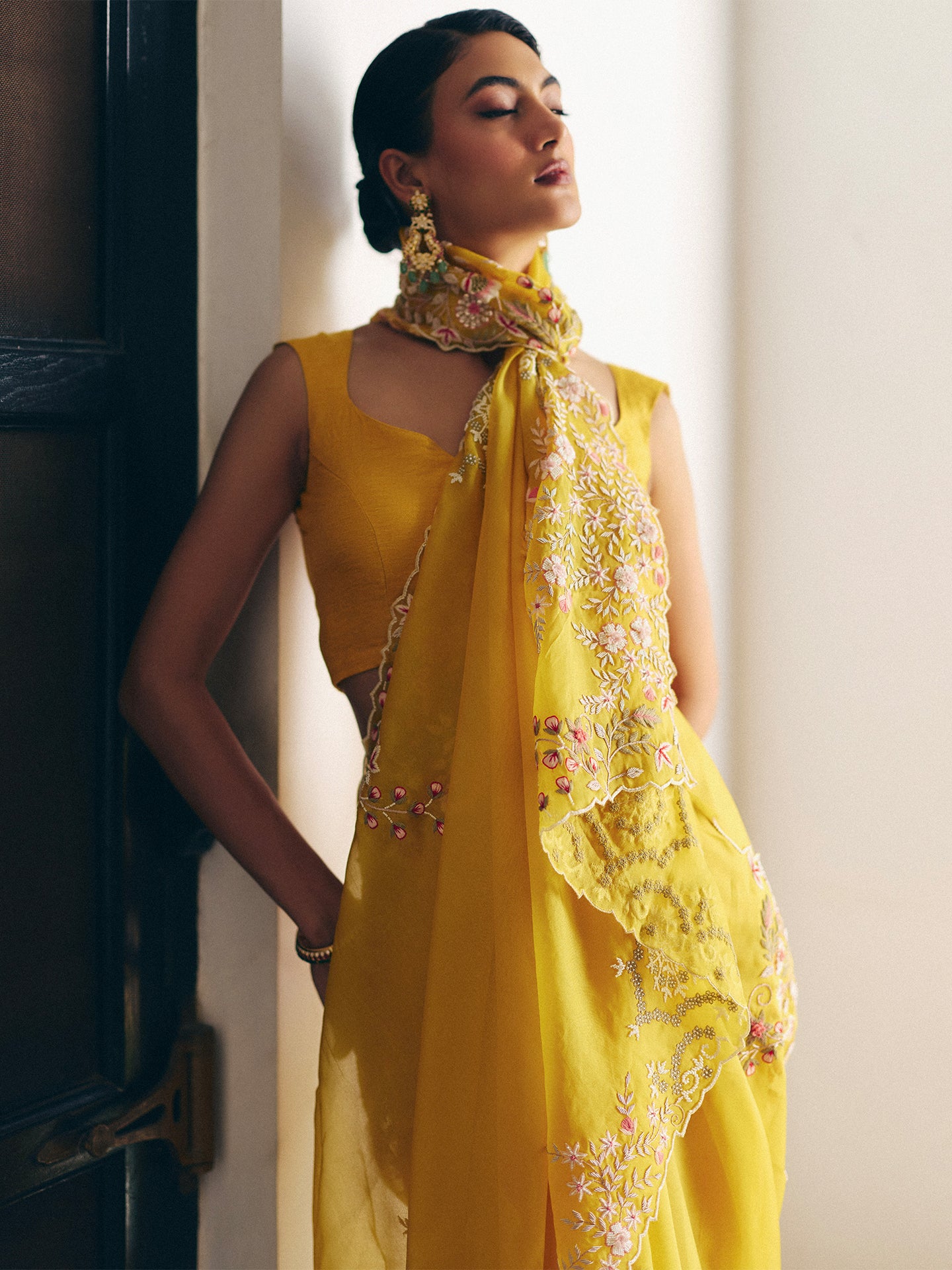 Yellow Organza Saree with Resham and Dabka Embellishments