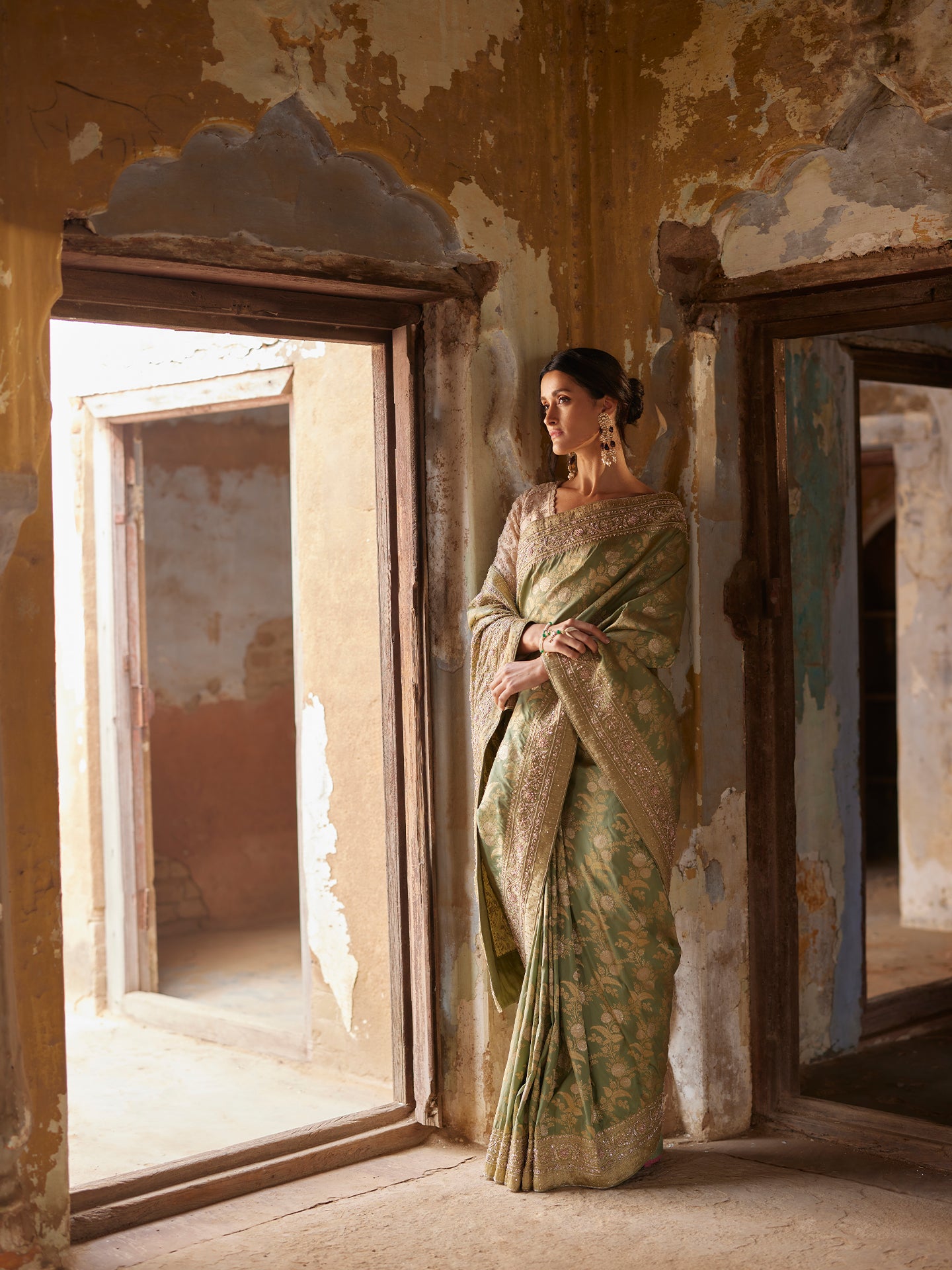 Pista Green Saree in Banarsi Silk with Dabka & Sequence Work embroidery