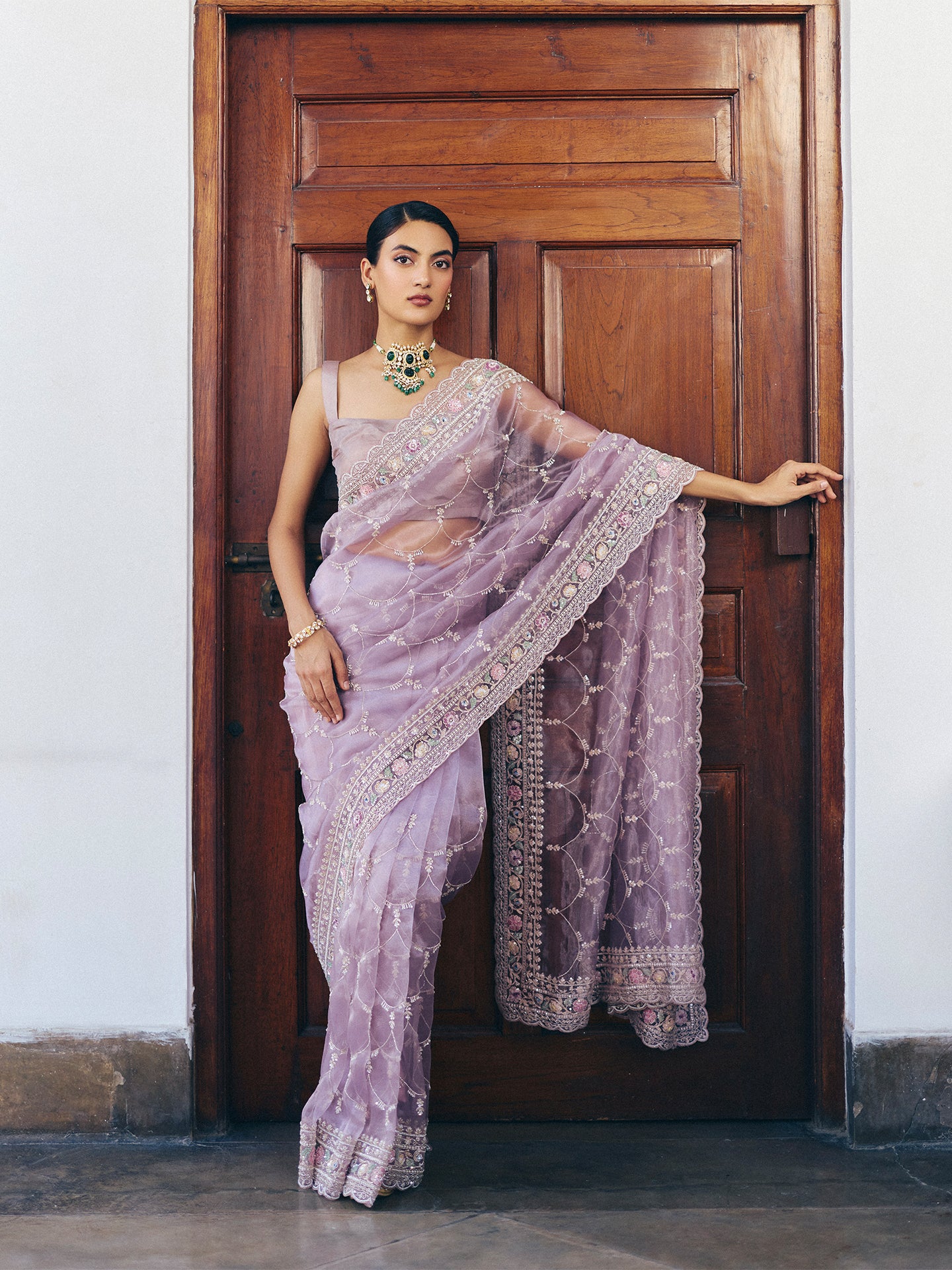 Light Mauve Organza Saree with Sequence, Cutdana, and Pearl Work