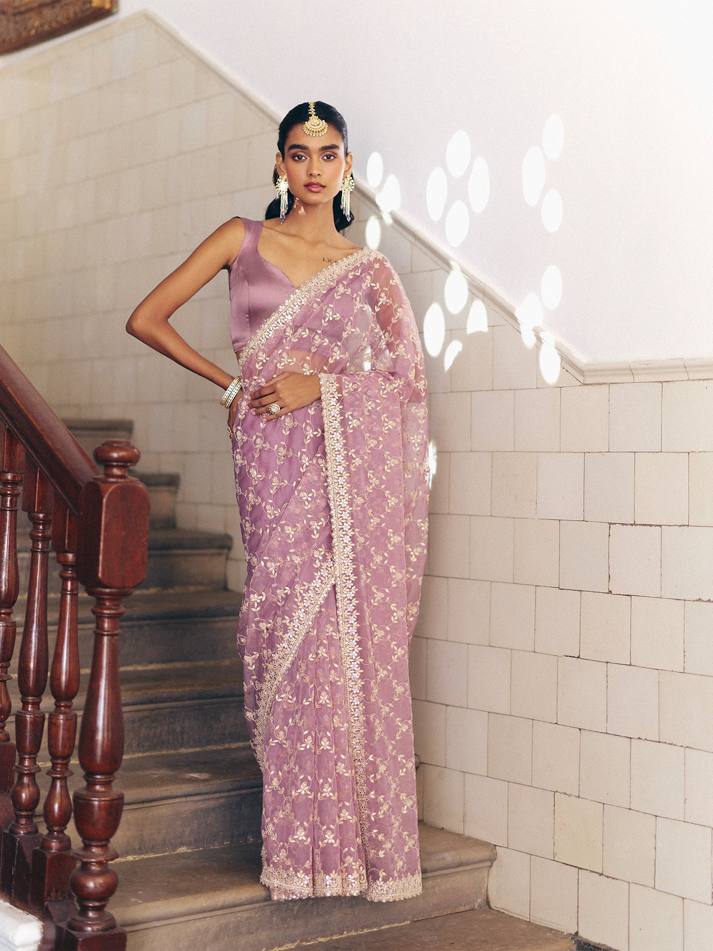 Onion Pink Organza Saree with Dabka Gotta Mirror and Pearl Detailing