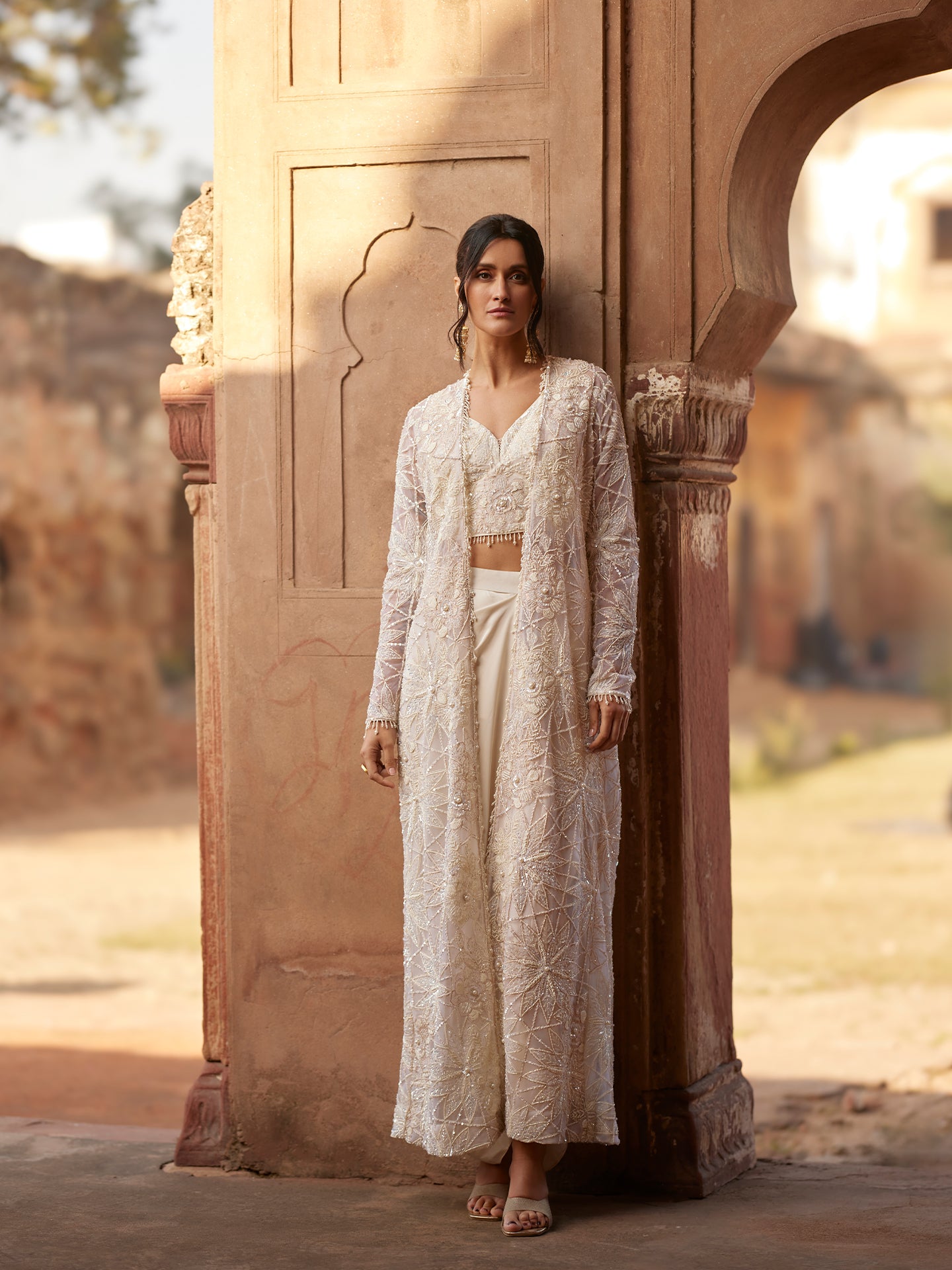 Ivory Indo-Western in Lycra Net with Pearls & Sequence embroidery