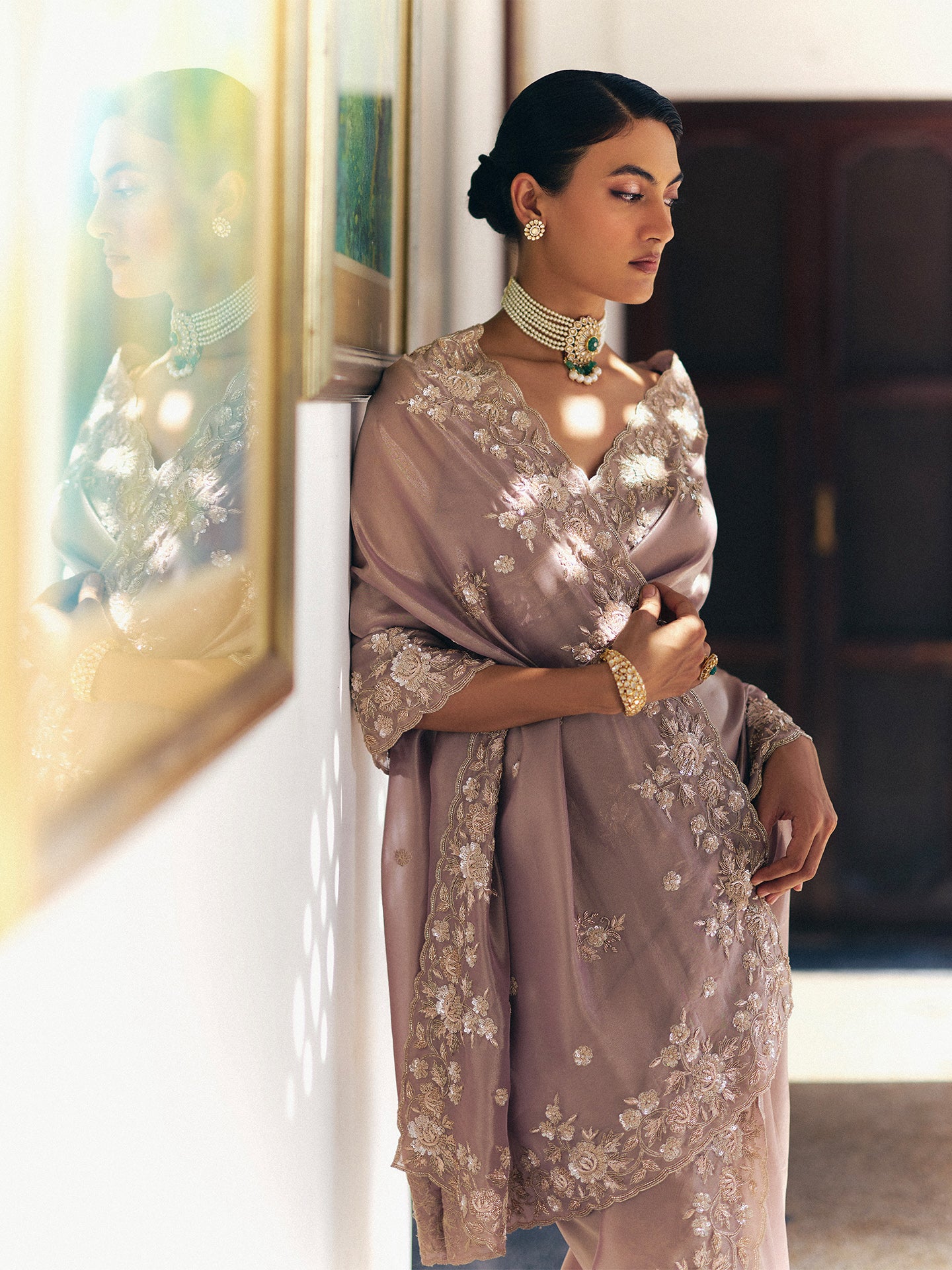 Light Mauve Tissue Saree with Dabka, Sequins, and Cutdana Work