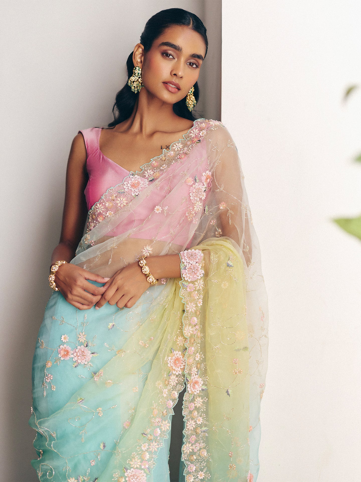 Green Organza Saree with Cutdana, Sequins, and Pearl Detailing