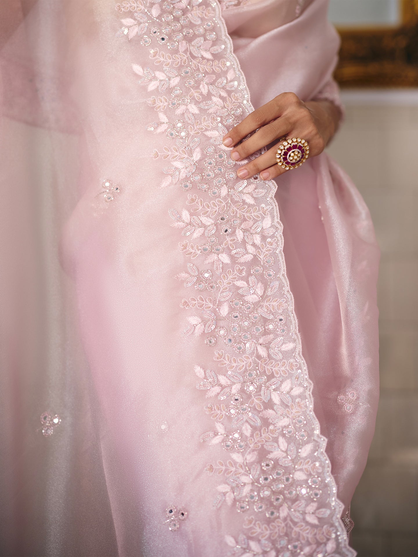 Pink Tissue Saree with Cutdana Pearl Dabka, and Sequin Work