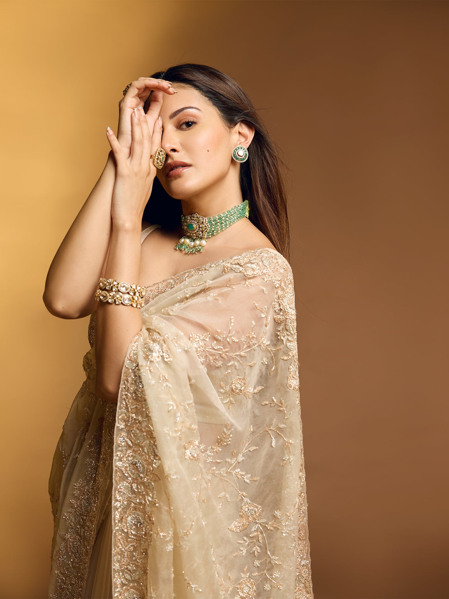 Beige Organza Saree with Dabka, Resham, and Sequin Work