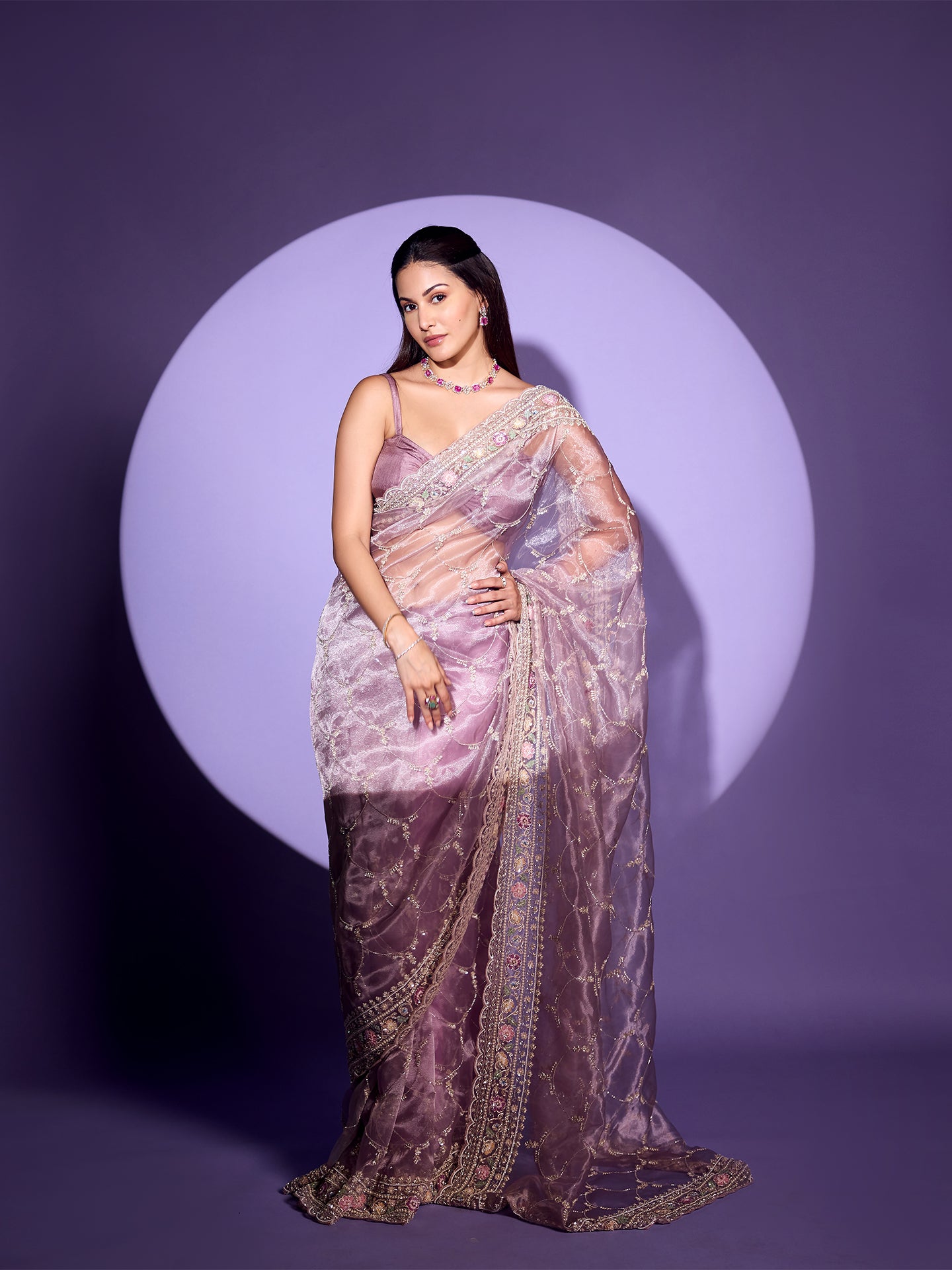 Light Mauve Organza Saree with Sequence, Cutdana, and Pearl Work