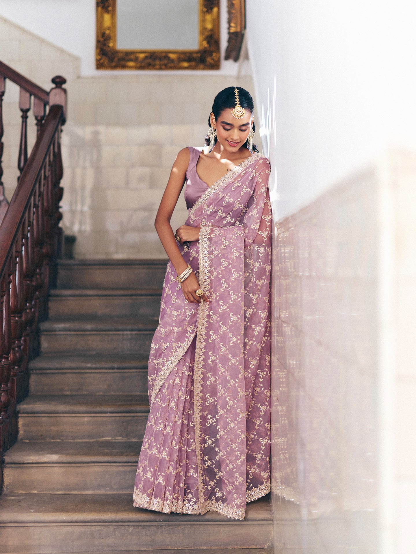 Onion Pink Organza Saree with Dabka Gotta Mirror and Pearl Detailing