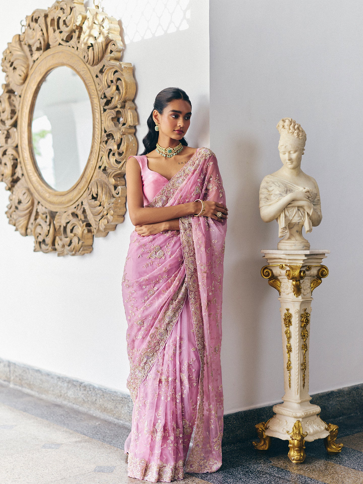 Mauve Organza Saree with Dabka, Resham, Cutdana, and Sequin Work