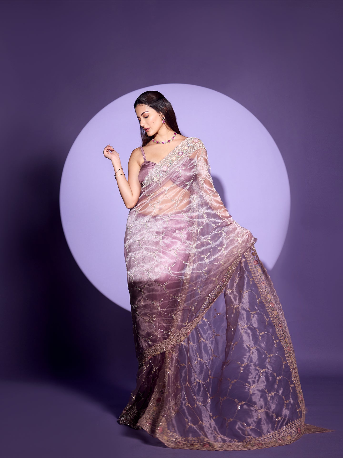 Light Mauve Organza Saree with Sequence, Cutdana, and Pearl Work