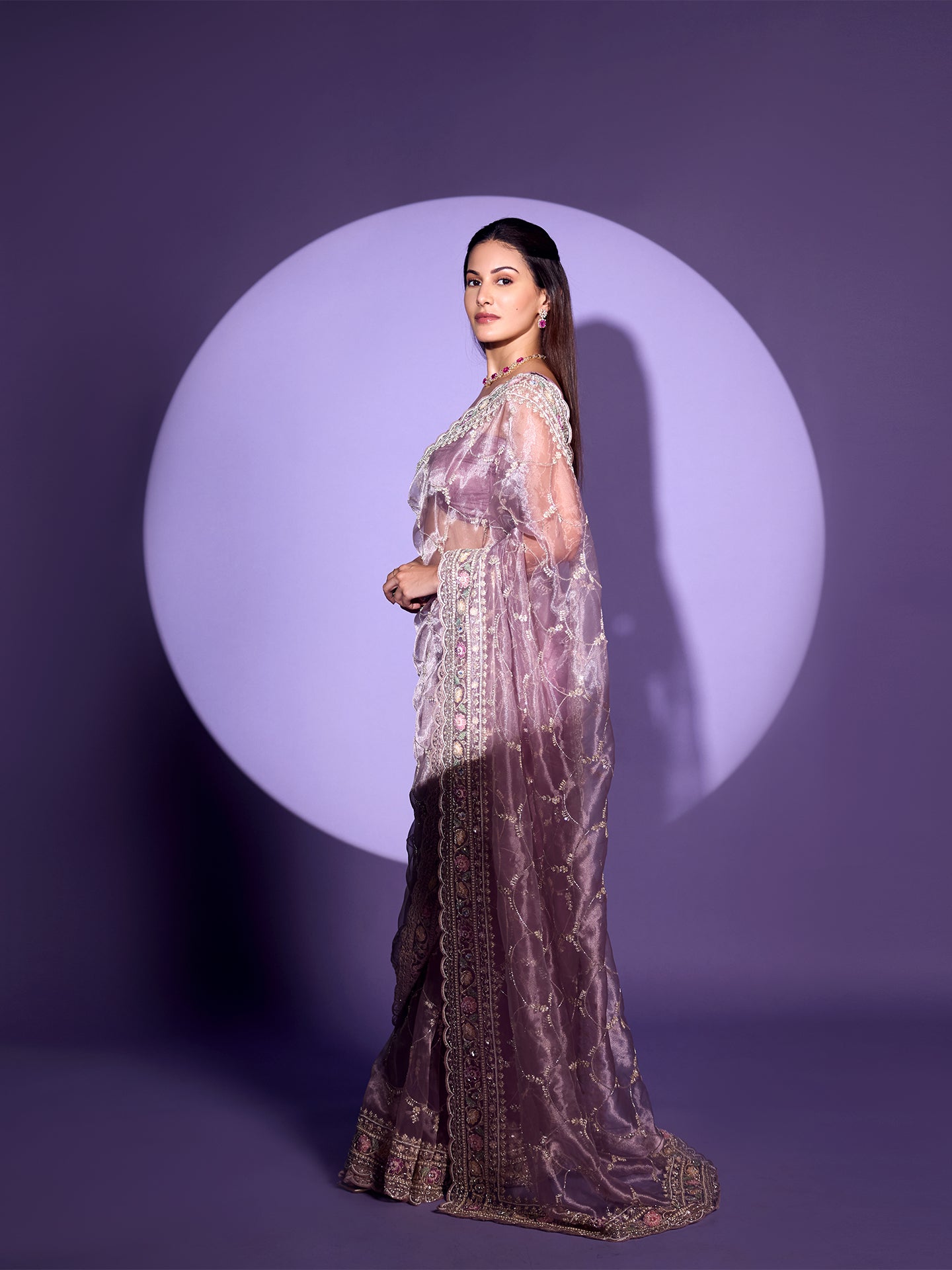 Light Mauve Organza Saree with Sequence, Cutdana, and Pearl Work