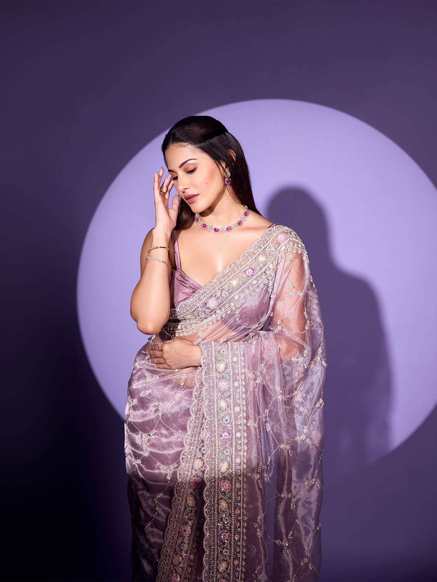 Light Mauve Organza Saree with Sequence, Cutdana, and Pearl Work