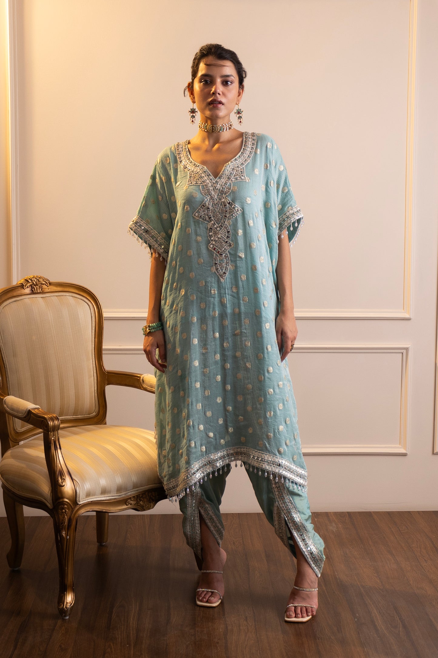 Step into elegance with this stunning kaftan and pant set