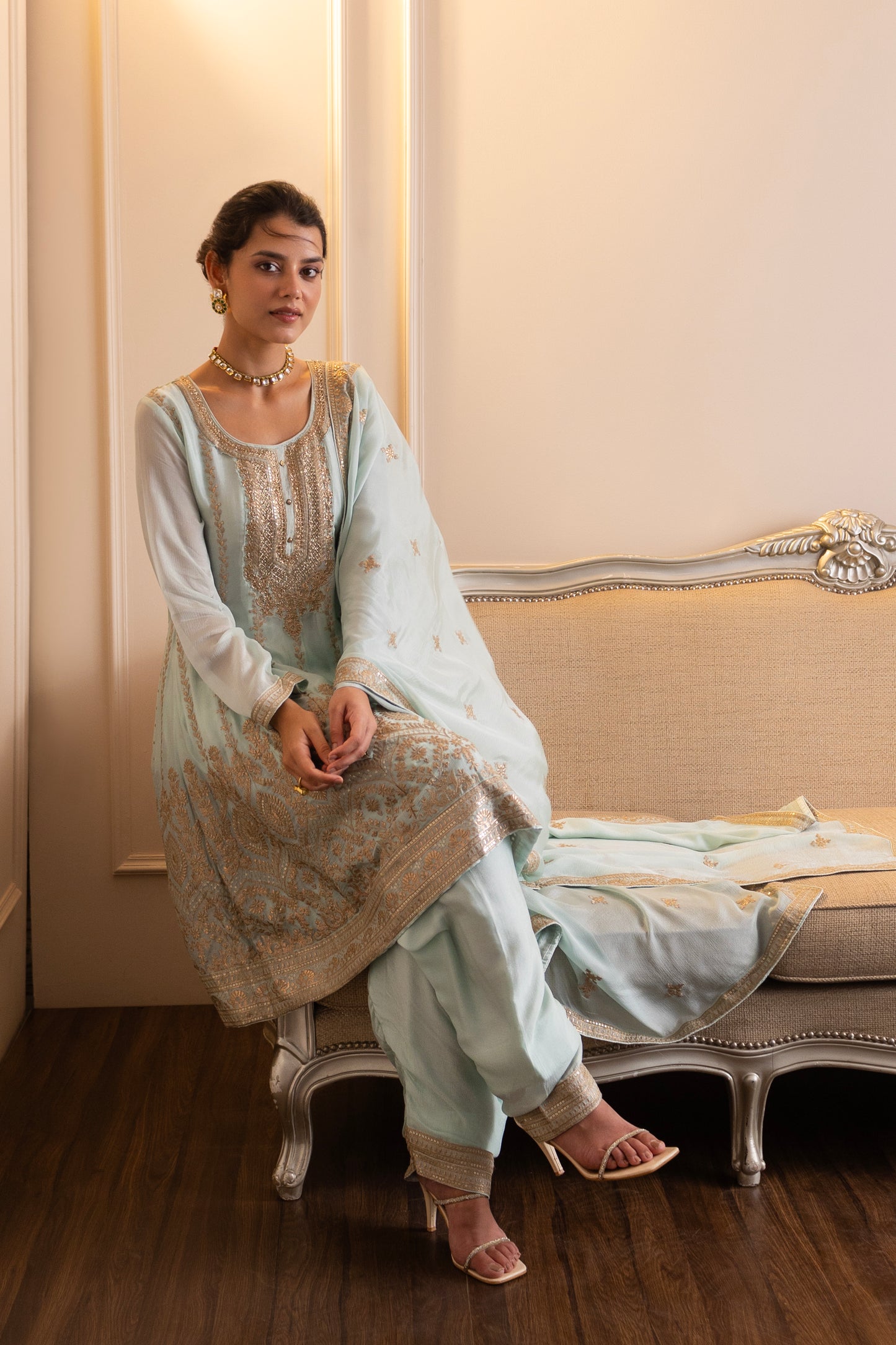 Firozi Crepe Chinon Salwar Suit with Intricate Aari Embroidery