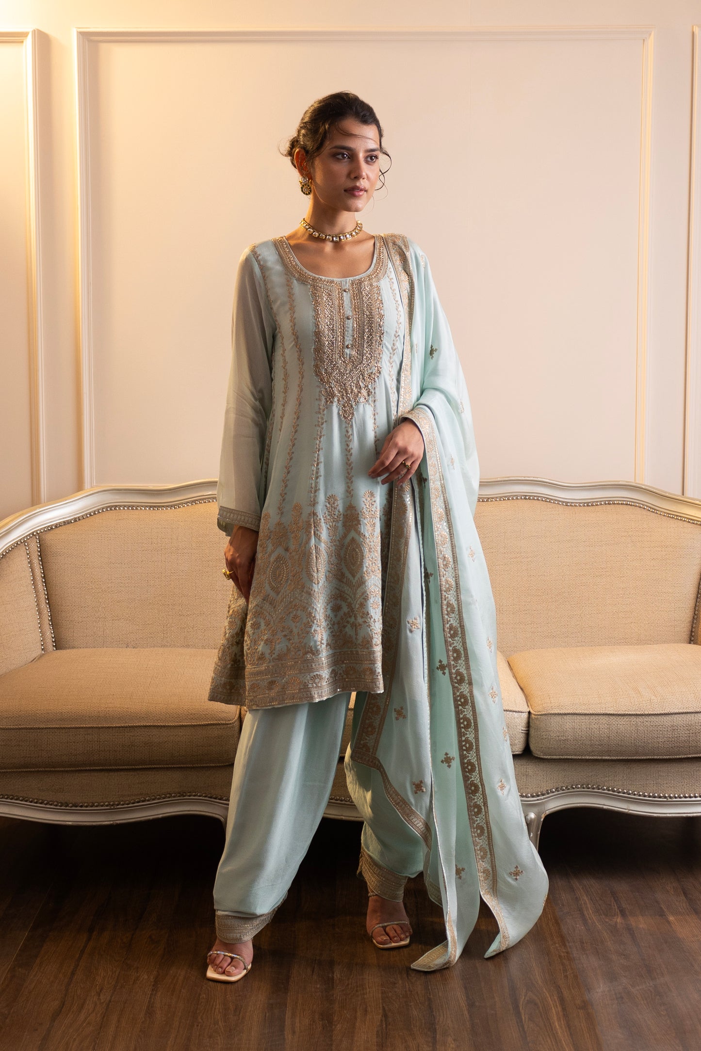 Firozi Crepe Chinon Salwar Suit with Intricate Aari Embroidery