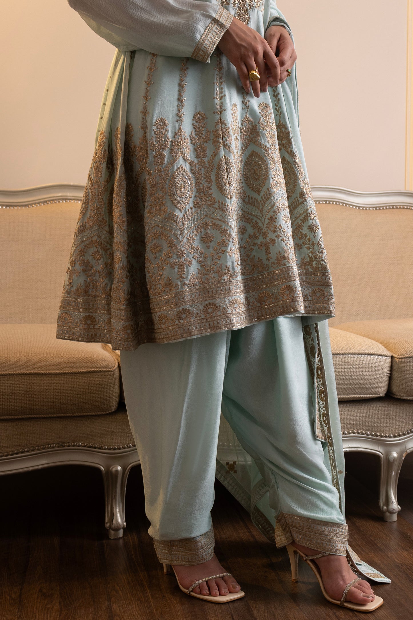 Firozi Crepe Chinon Salwar Suit with Intricate Aari Embroidery