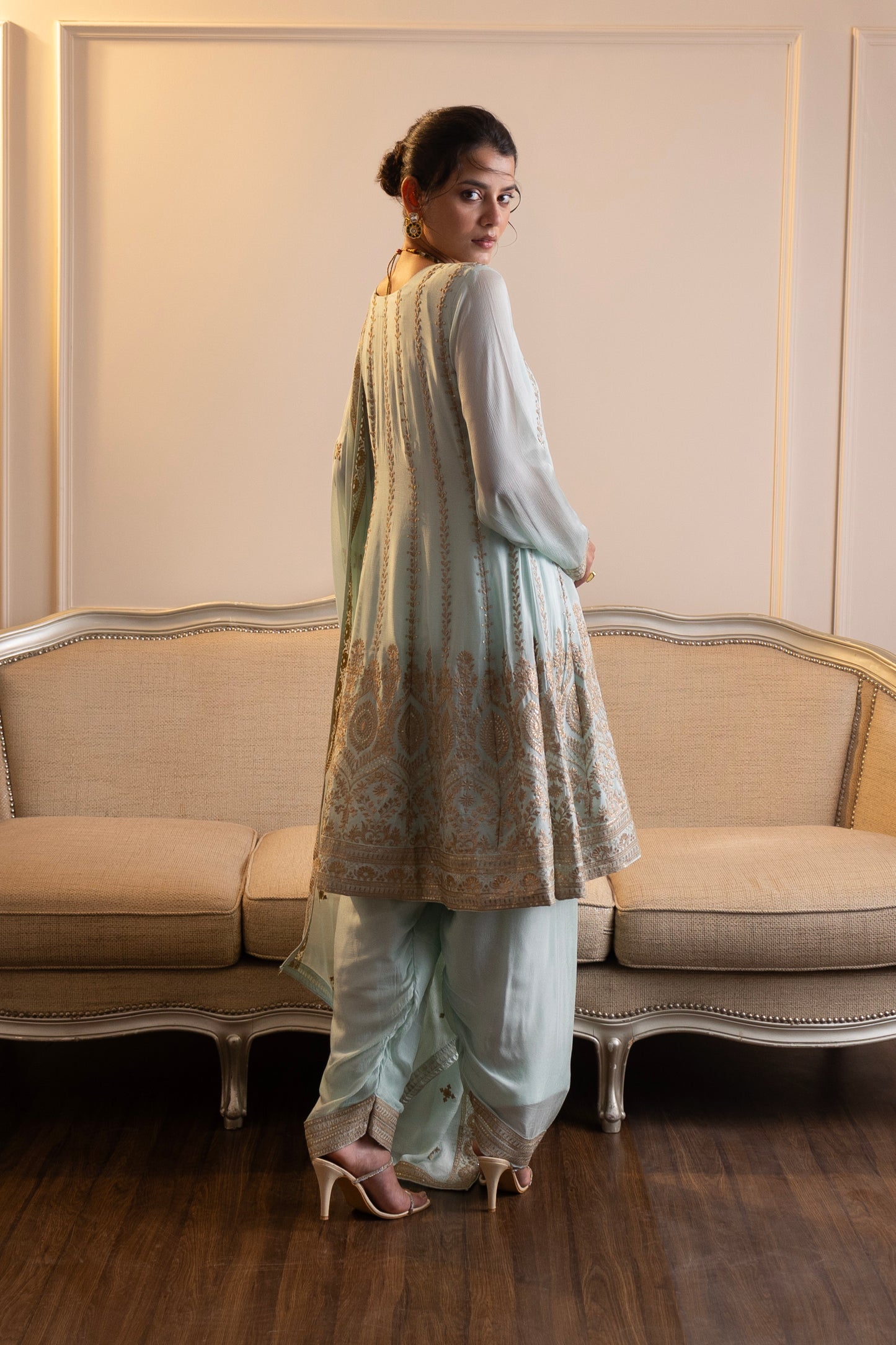 Firozi Crepe Chinon Salwar Suit with Intricate Aari Embroidery