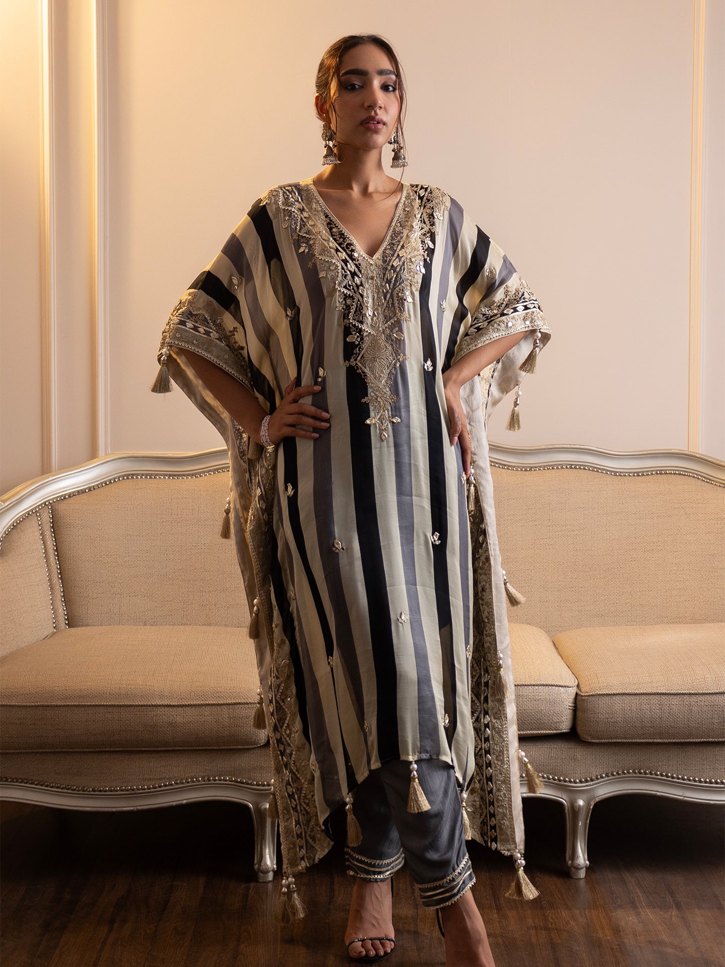 Step into elegance with this stunning kaftan and pant set