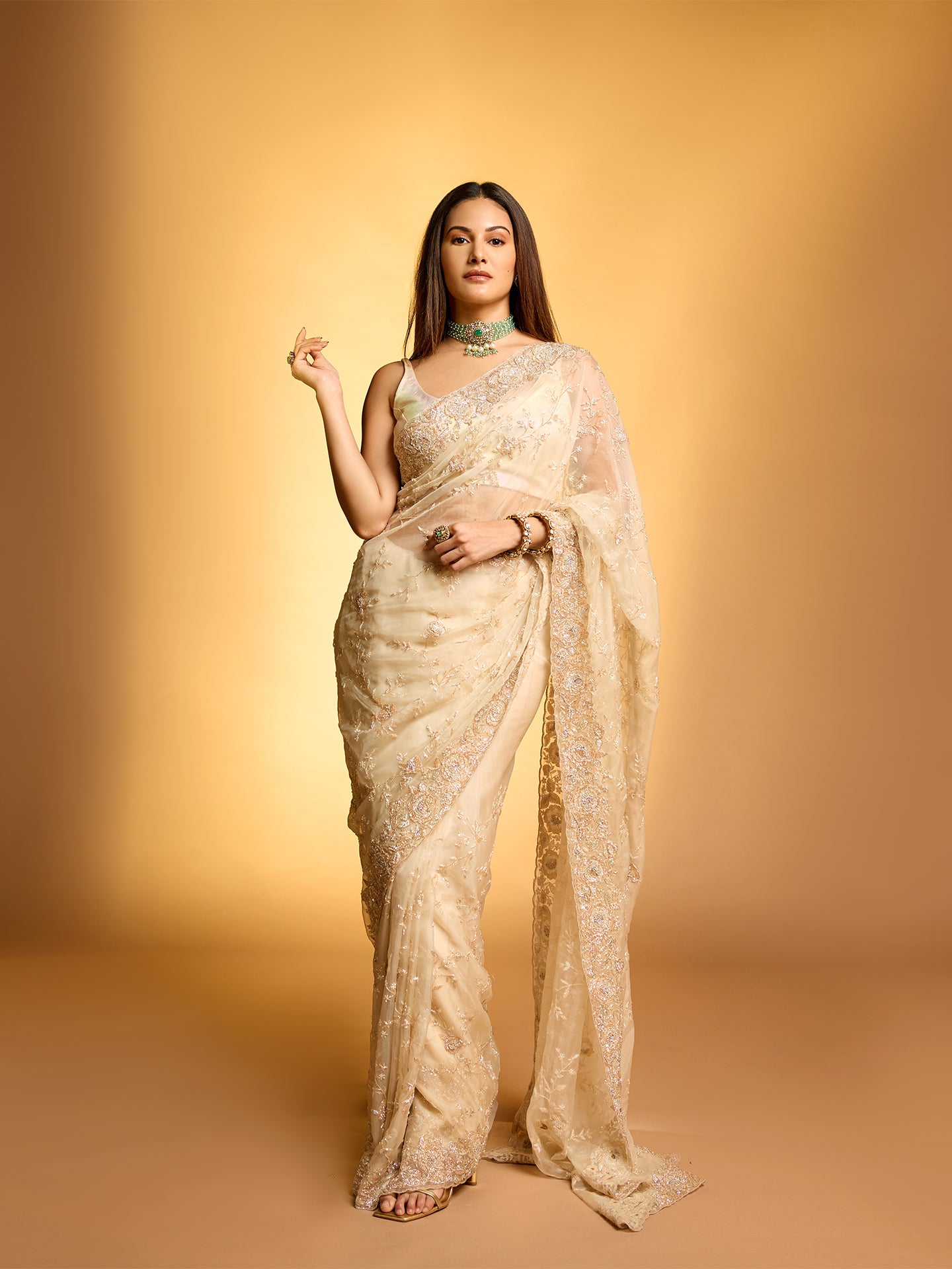 Beige Organza Saree with Dabka, Resham, and Sequin Work