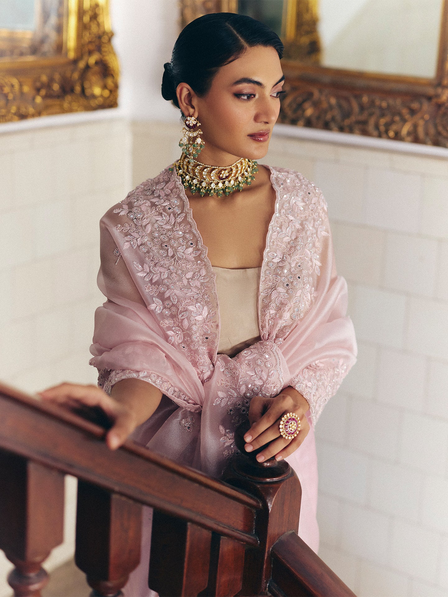 Pink Tissue Saree with Cutdana Pearl Dabka, and Sequin Work