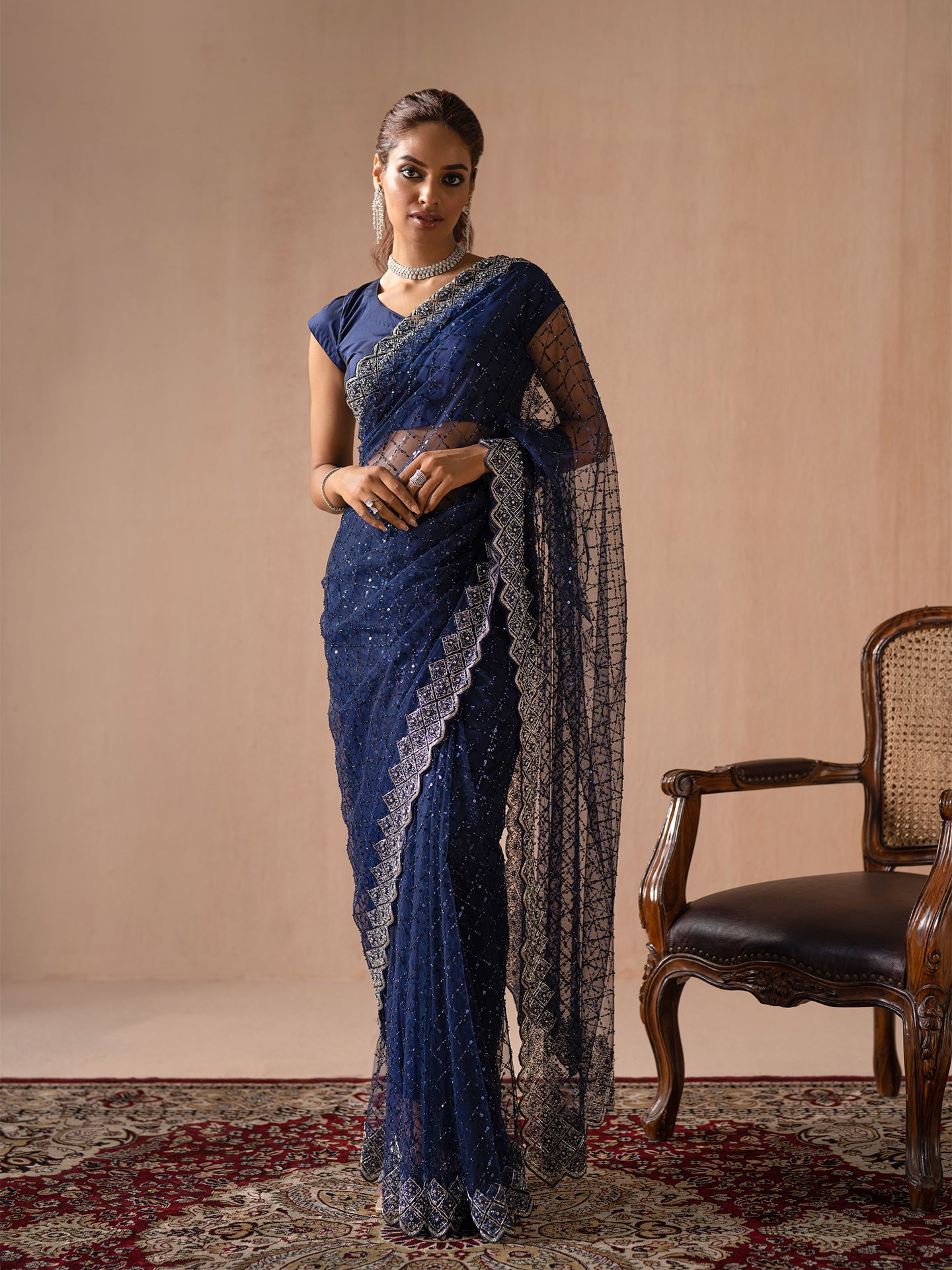 Classic Navy blue saree in net with kardana & sequin work