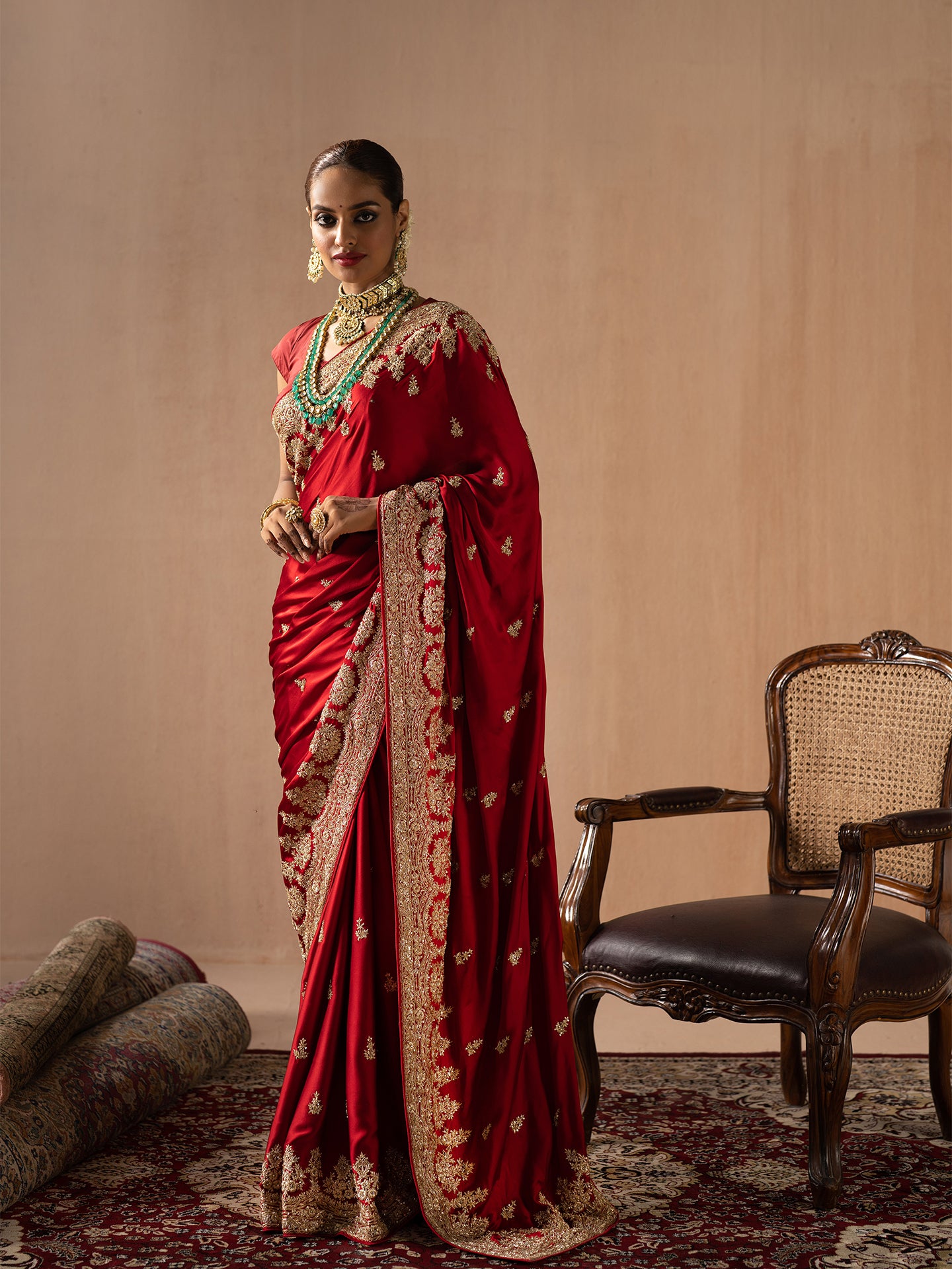 Red saree in pure satin silk with pure dabka handwork