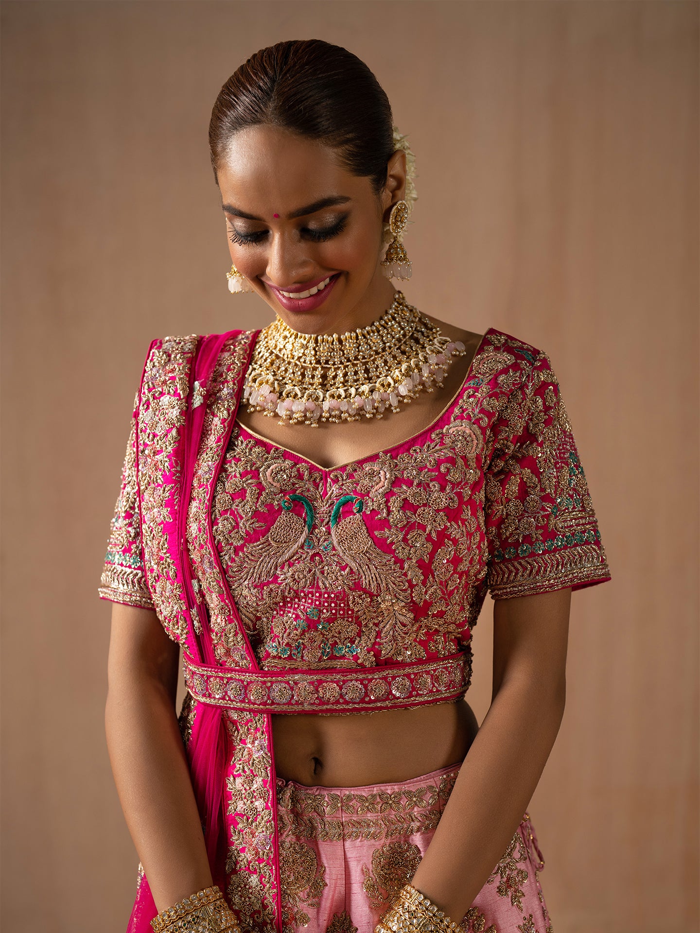 Pink Organza Lehenga & Dupatta With Rose Gold Sequins Blouse – Shivali Arora