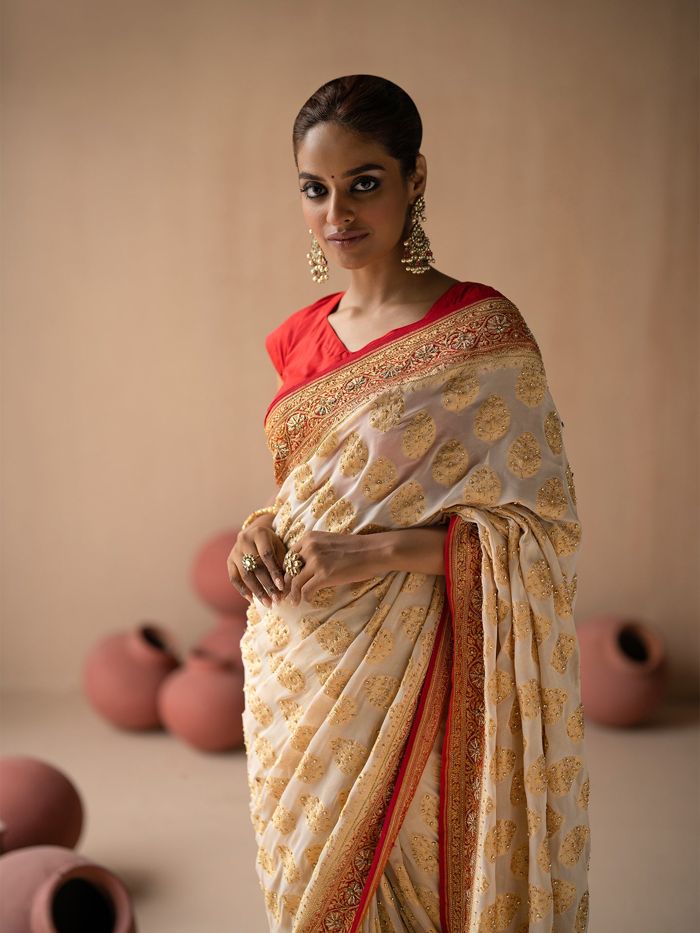 Luxurious dabka hand work saree in pure khaddi mysore georgette