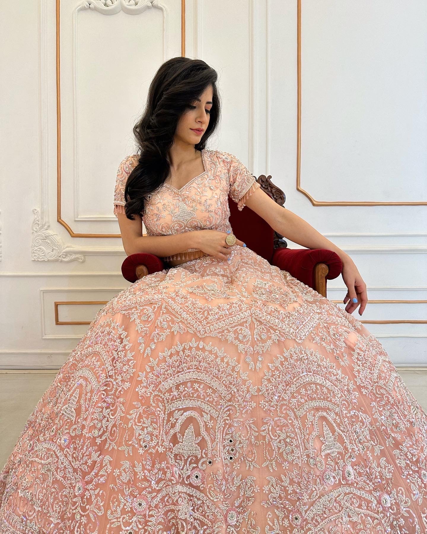 Handwork Peach Net Lehenga