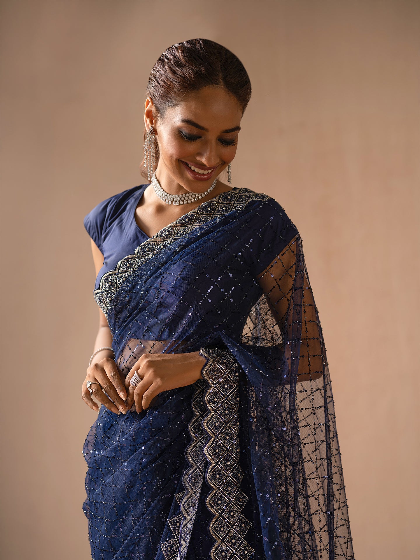 Classic Navy blue saree in net with kardana & sequin work